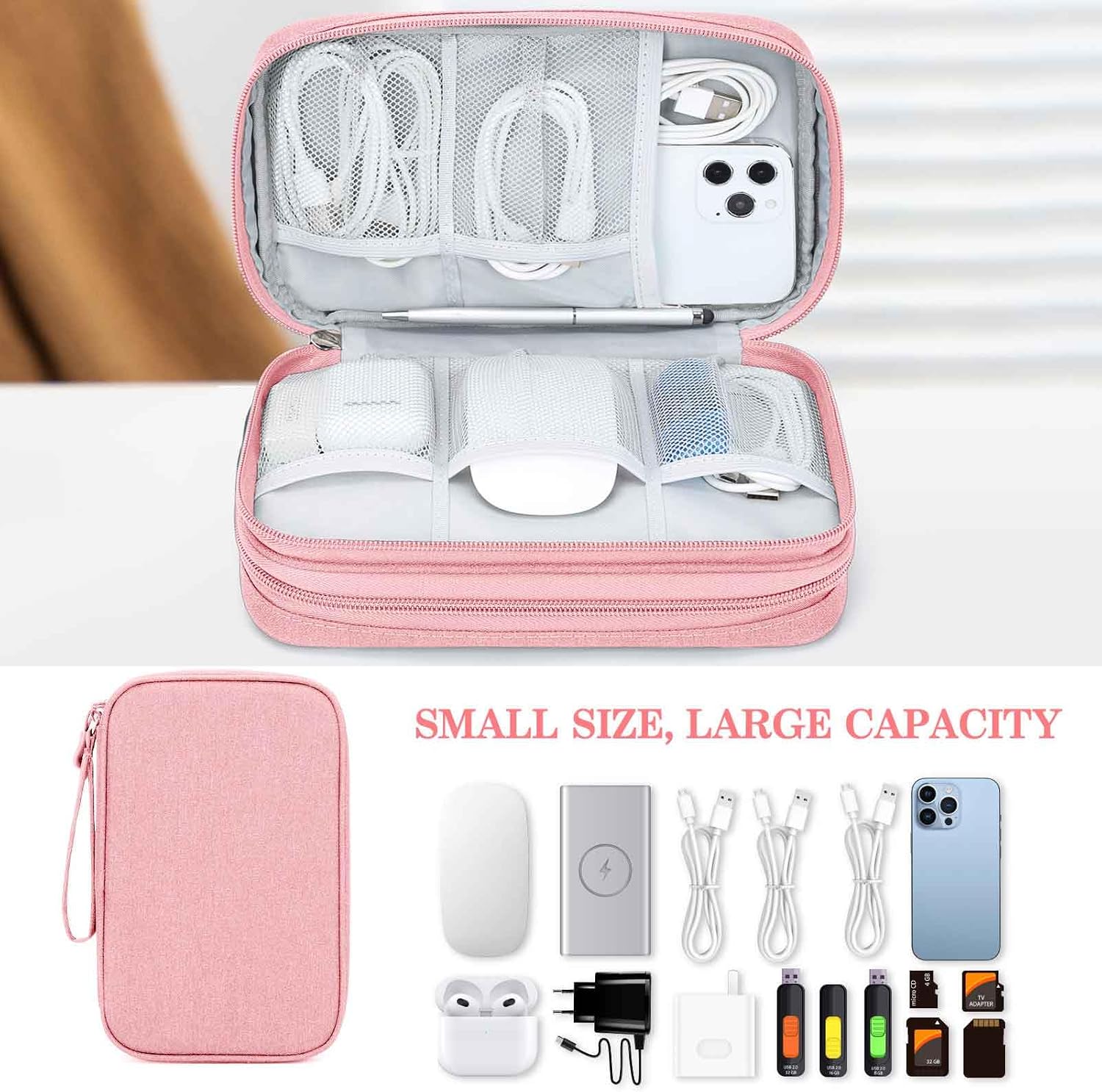 Detalle de FYY Travel Cable Organiser 2-Layer Waterproof Electronics Storage Pouch (L-Pink)