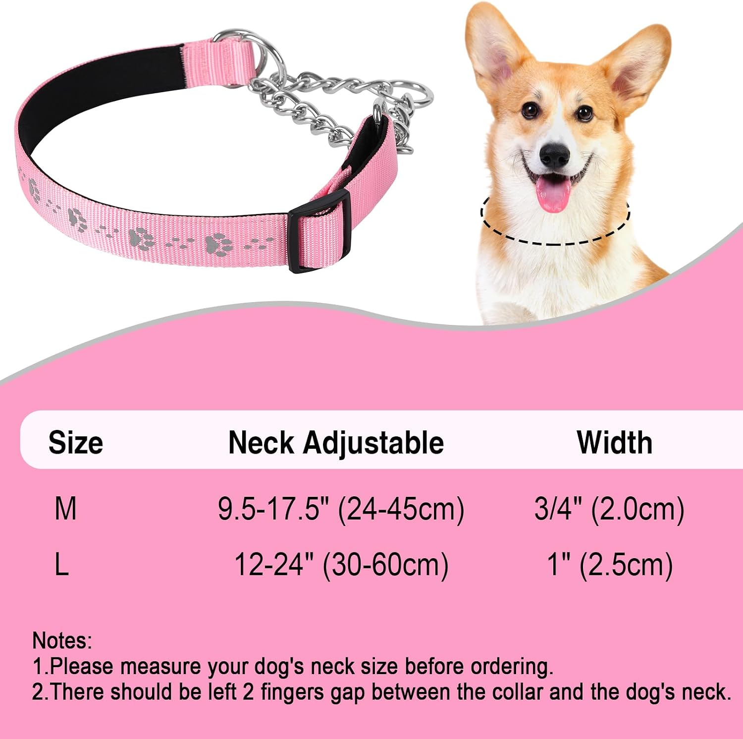 Detalle de TDTOK MT-01 Martingale Dog Collar, Reflective Pink Nylon, Steel Chain and Neoprene Padding