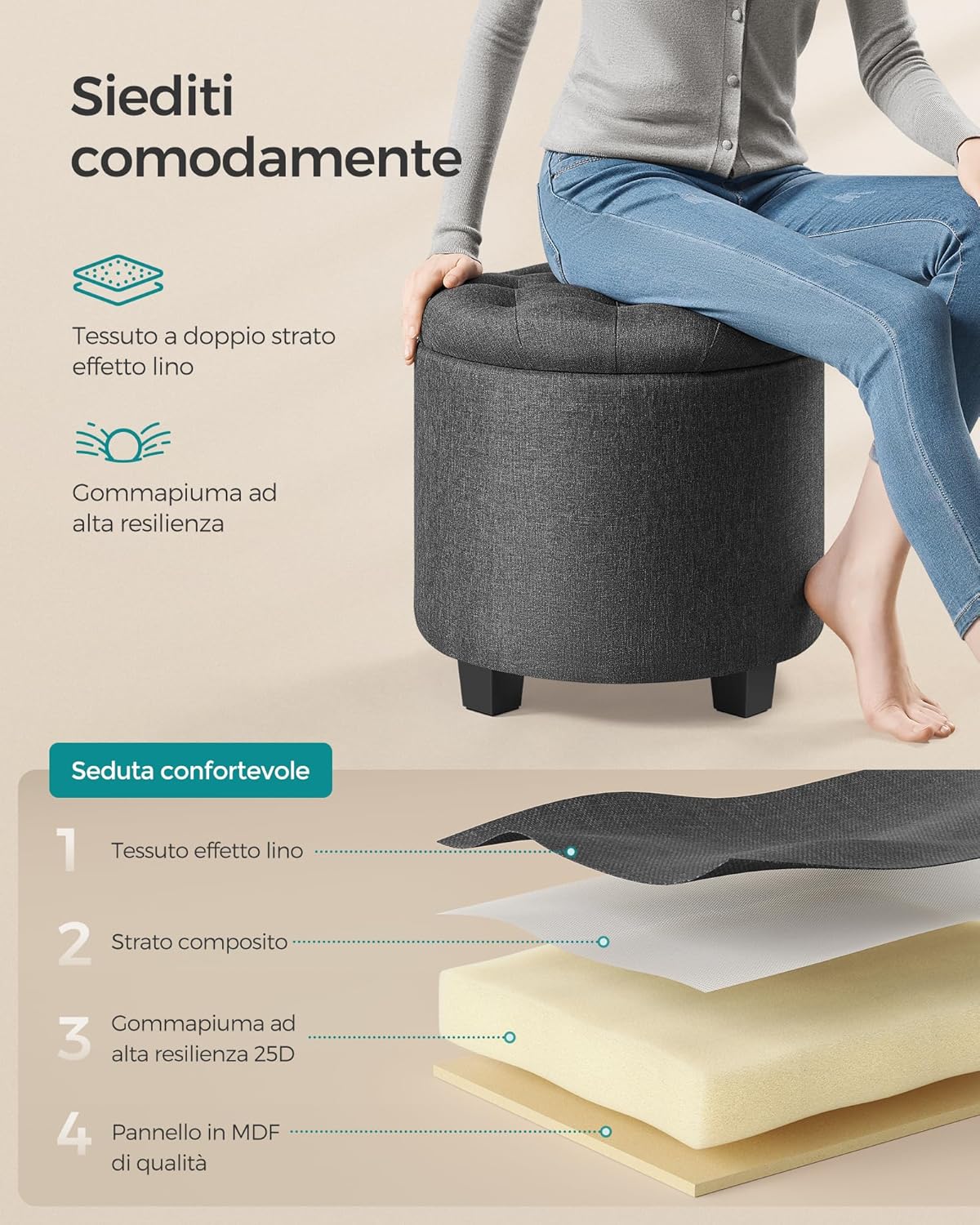 Thumbnail 4 de SONGMICS LOM011G01V1 pouf contenitore rotondo grigio scuro 45 x 45 x 44,5 cm