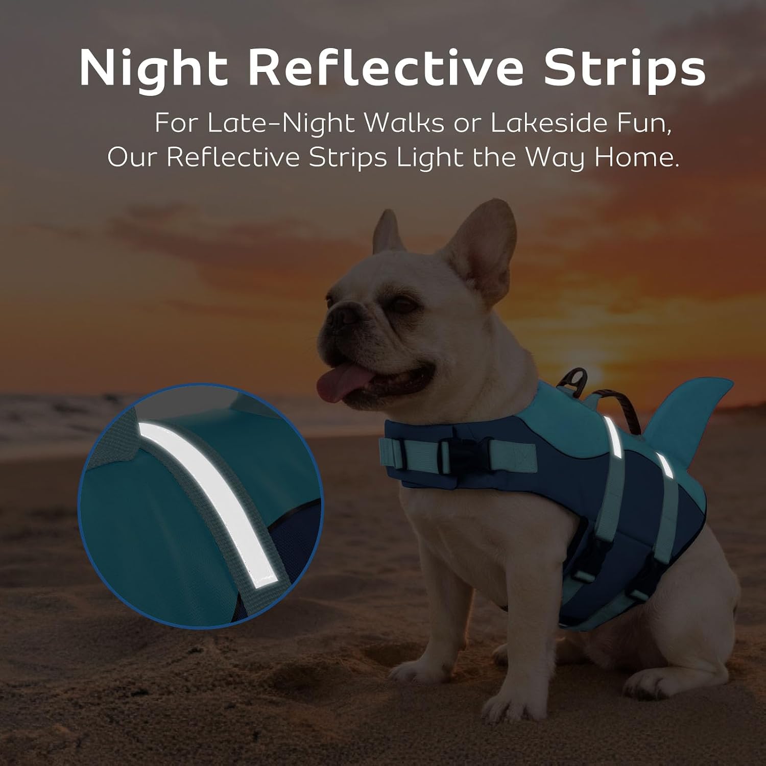Detalle 2 de CITÉTOILE Schwimmweste Hund Hai – verstellbare Rettungsweste mit Griff, Reflektoren und Hai-Design