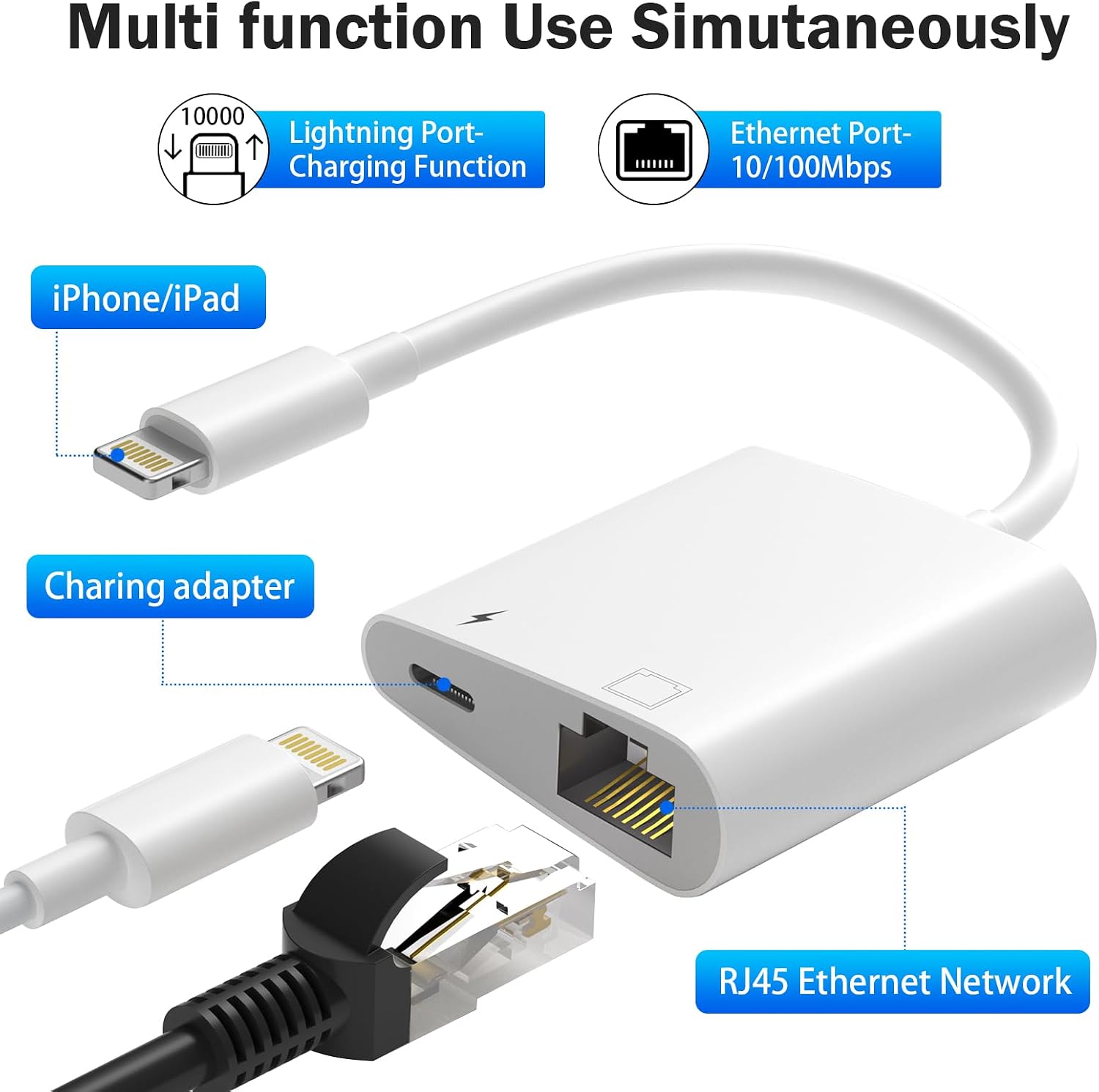Detalle de HUAZHUN Lightning to Ethernet Adapter (Apple MFi certified) 2-in-1 RJ45 with charge port – 10/100Mbps