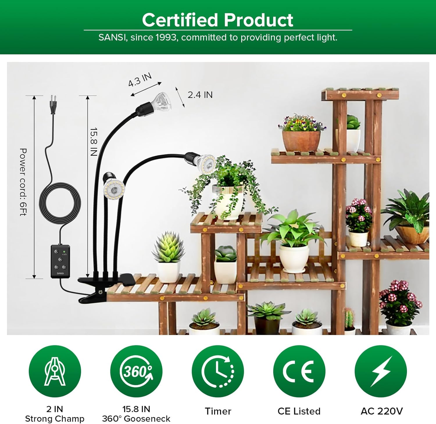 Thumbnail 5 de SANSI Lampada LED per piante da interno 30W (equivalenti 450W), spettro completo e timer 4/8/12 ore