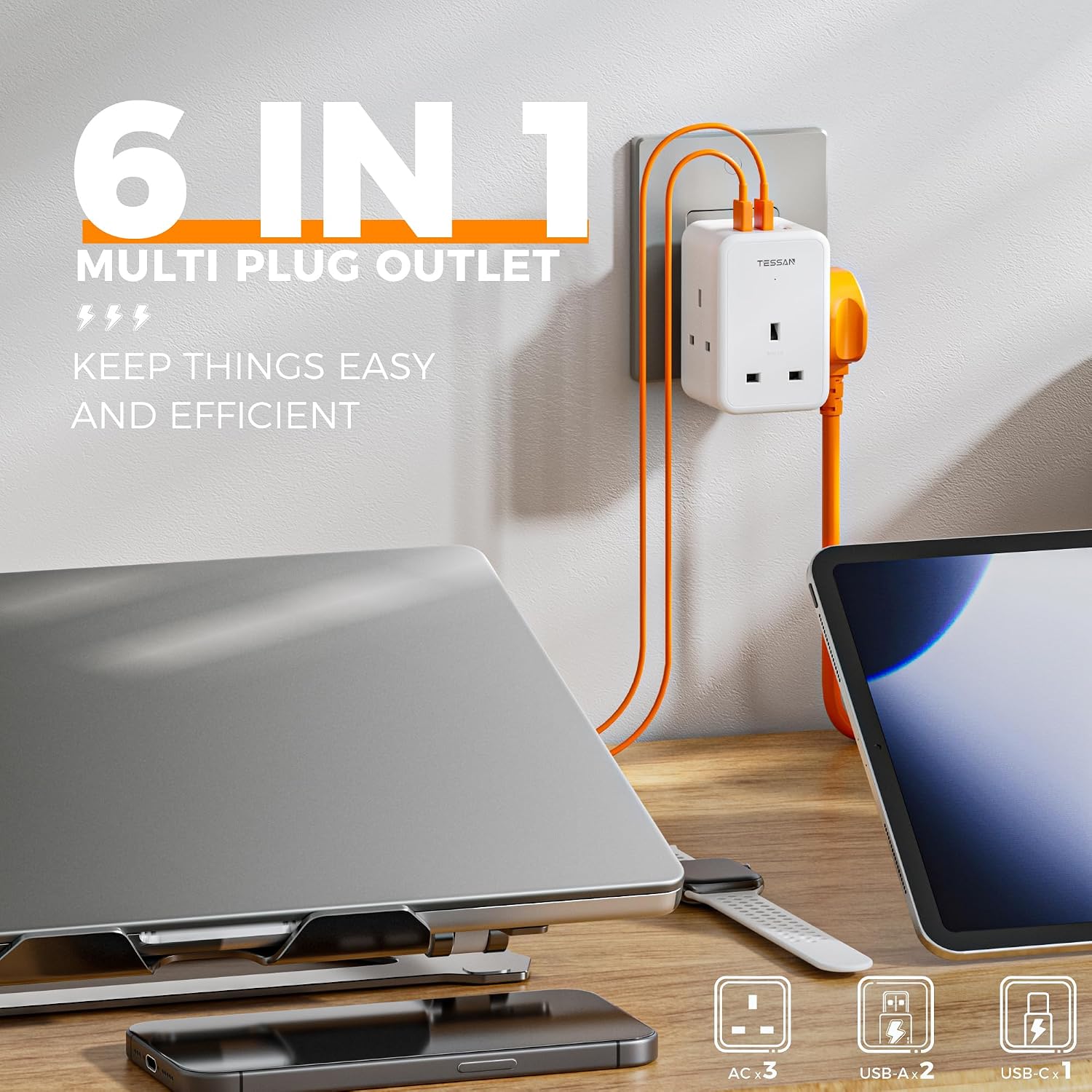 Detalle 2 de TESSAN 3‑way USB plug adaptor with USB ports 🔌