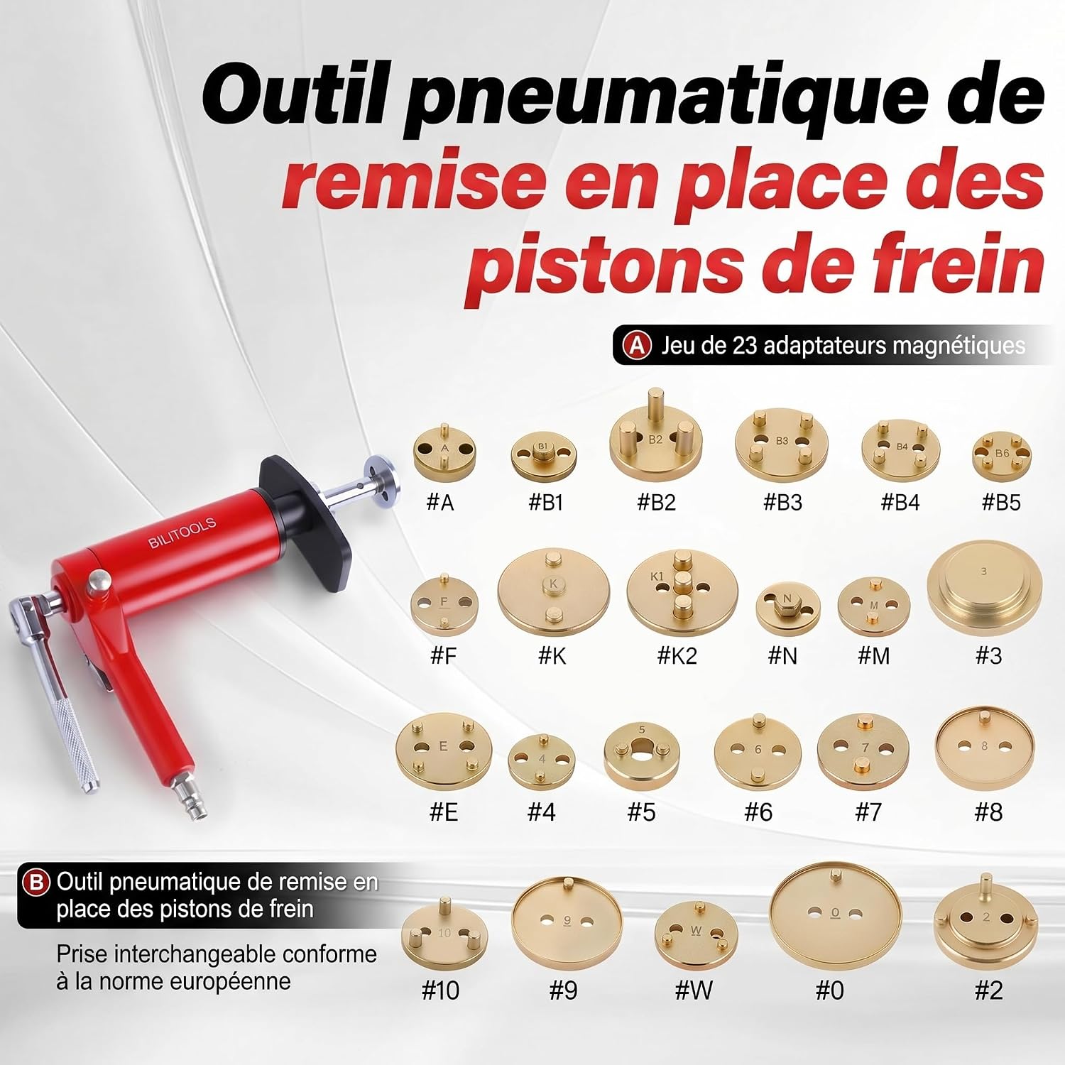 Detalle de BILITOOLS Outil de compression pour étrier de frein pneumatique – lot 24 pièces