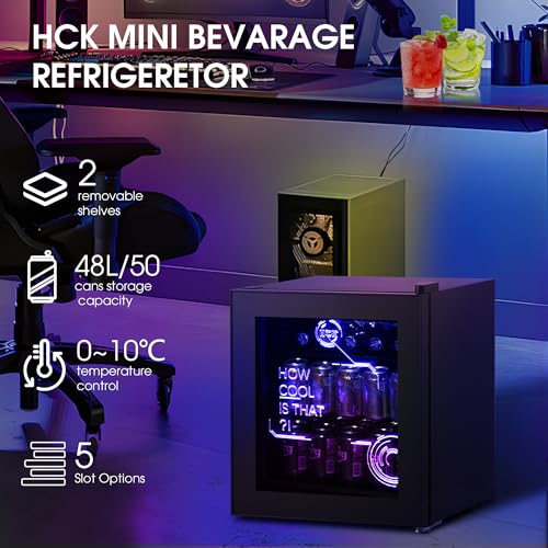 Detalle 2 de HCK Mini Frigo Cyberpunk 48L — Réfrigérateur pour boissons silencieux, éclairage néon et porte verres