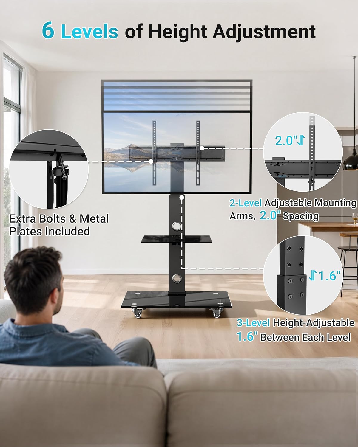 Thumbnail 4 de BONTEC mobiele tv-standaard met wielen, voor 30–70 inch, tot 40 kg