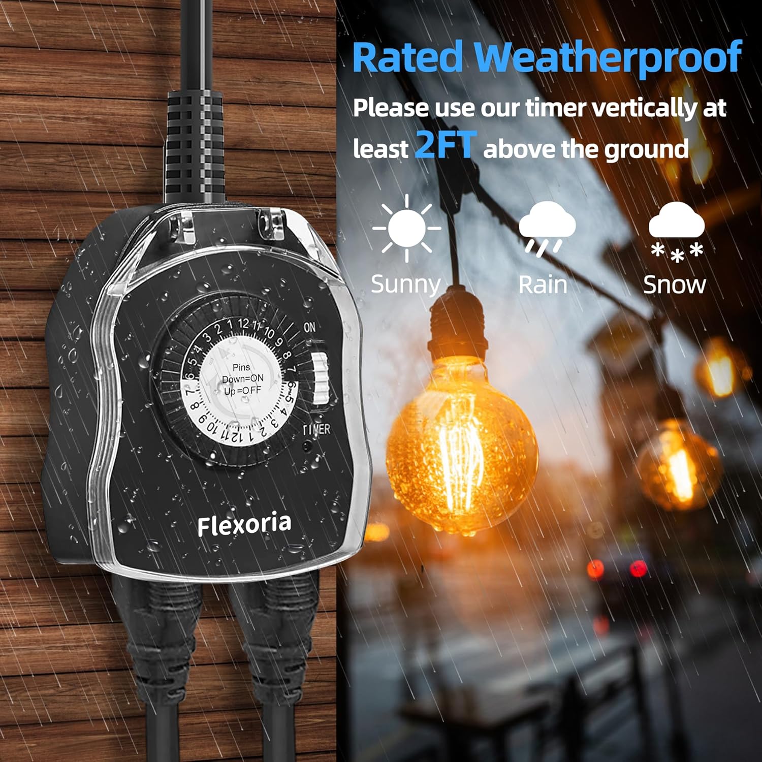 Detalle de Flexoria Outdoor Timer Outlet Waterproof: 24-Hour Mechanical Plug-In Timer with 2 Grounded Outlets