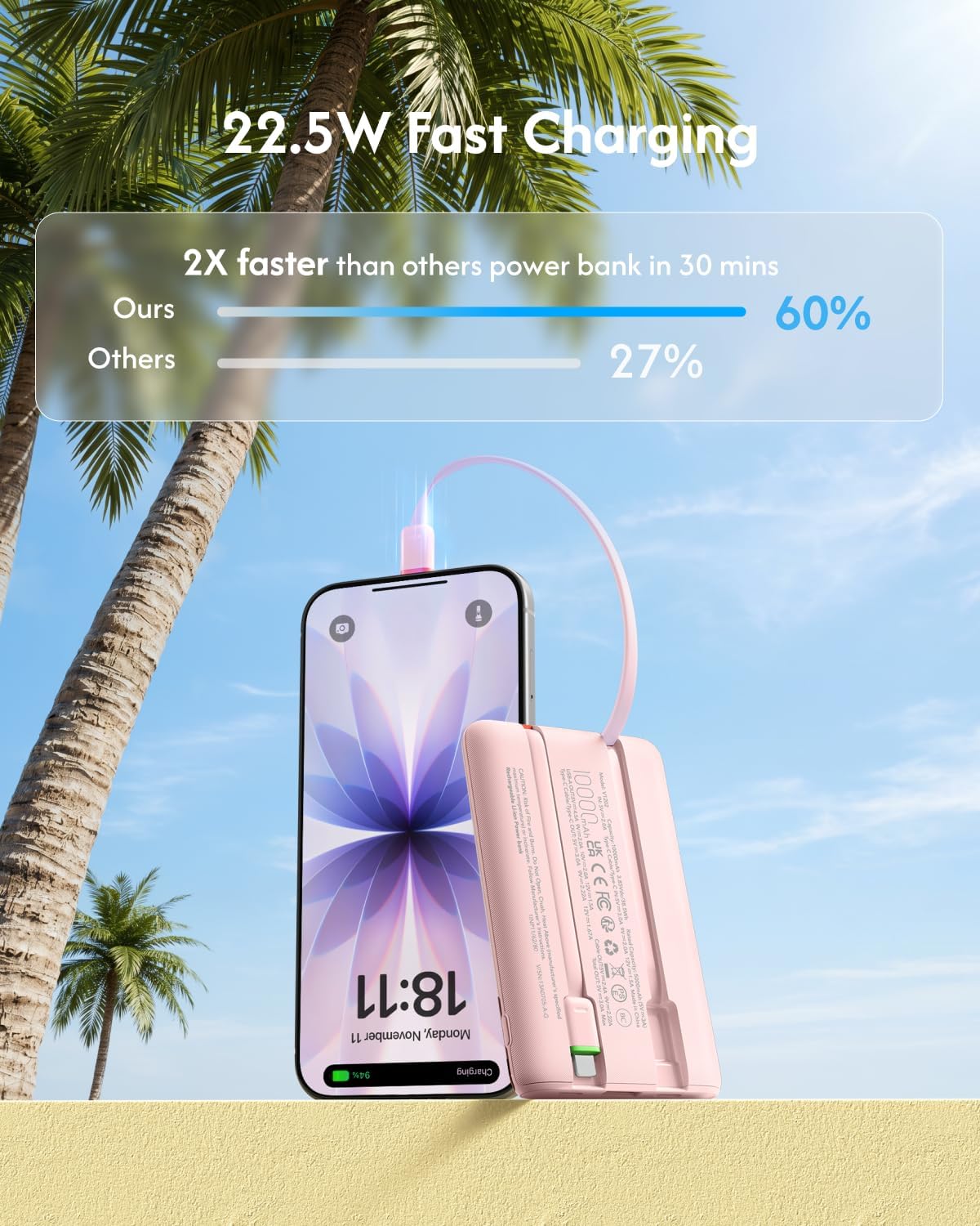 Detalle de VEGER V1202 10,000mAh Power Bank, 22.5W Fast Charging with Built-In Cables