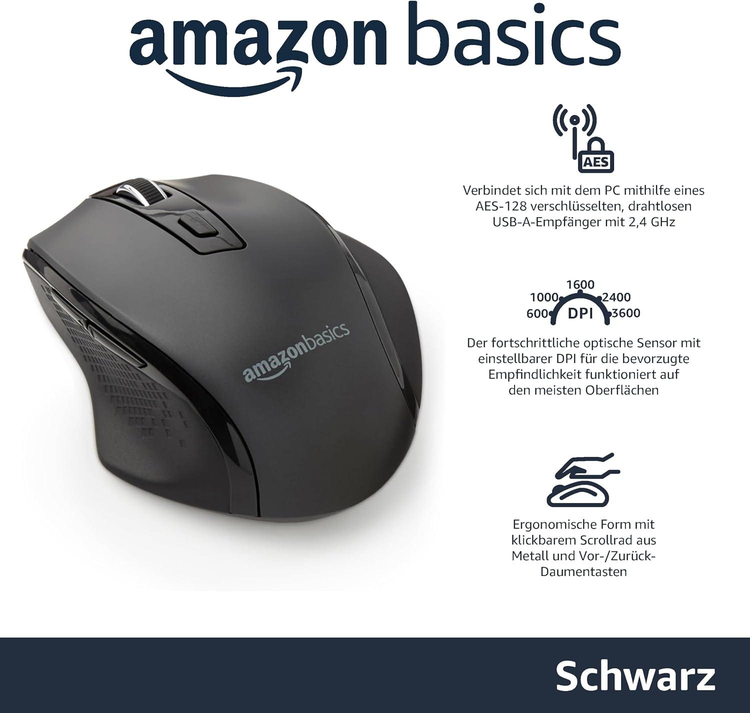 Detalle 2 de Amazon Basics Ergonomische kabellose Maus – DPI einstellbar, 2,4-GHz Funk, rechtsgriffig