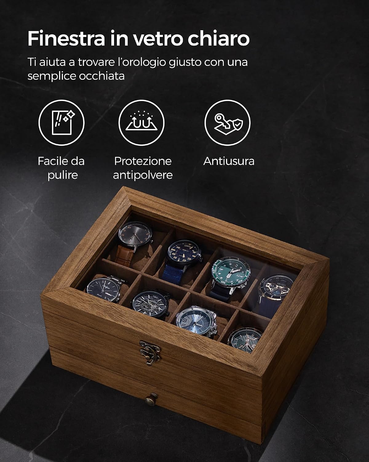 Thumbnail 6 de SONGMICS GISELLA Collezione Scatola per Orologi con 8 Scomparti, Noce Rustico, 2 Livelli con Coperchio in Vetro