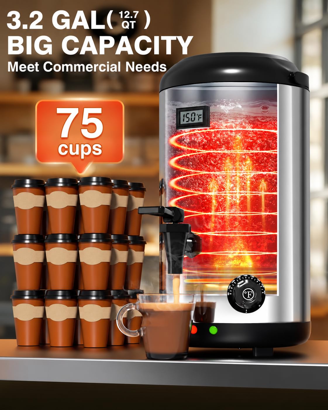 Detalle de Hidoll WZRJ12LSSUS Heated Stainless Steel Beverage Dispenser with LCD Thermometer
