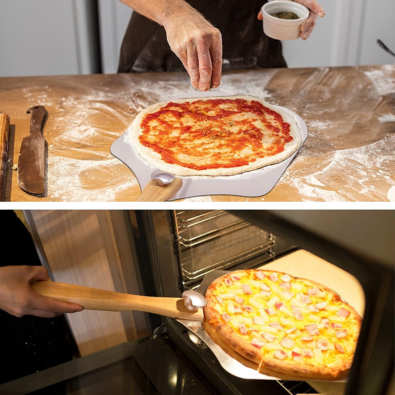 Detalle de LKE Aluminum Pizza Peel with Foldable Wood Handle – 12x14 Inch Surface, 25 Inch Total Length