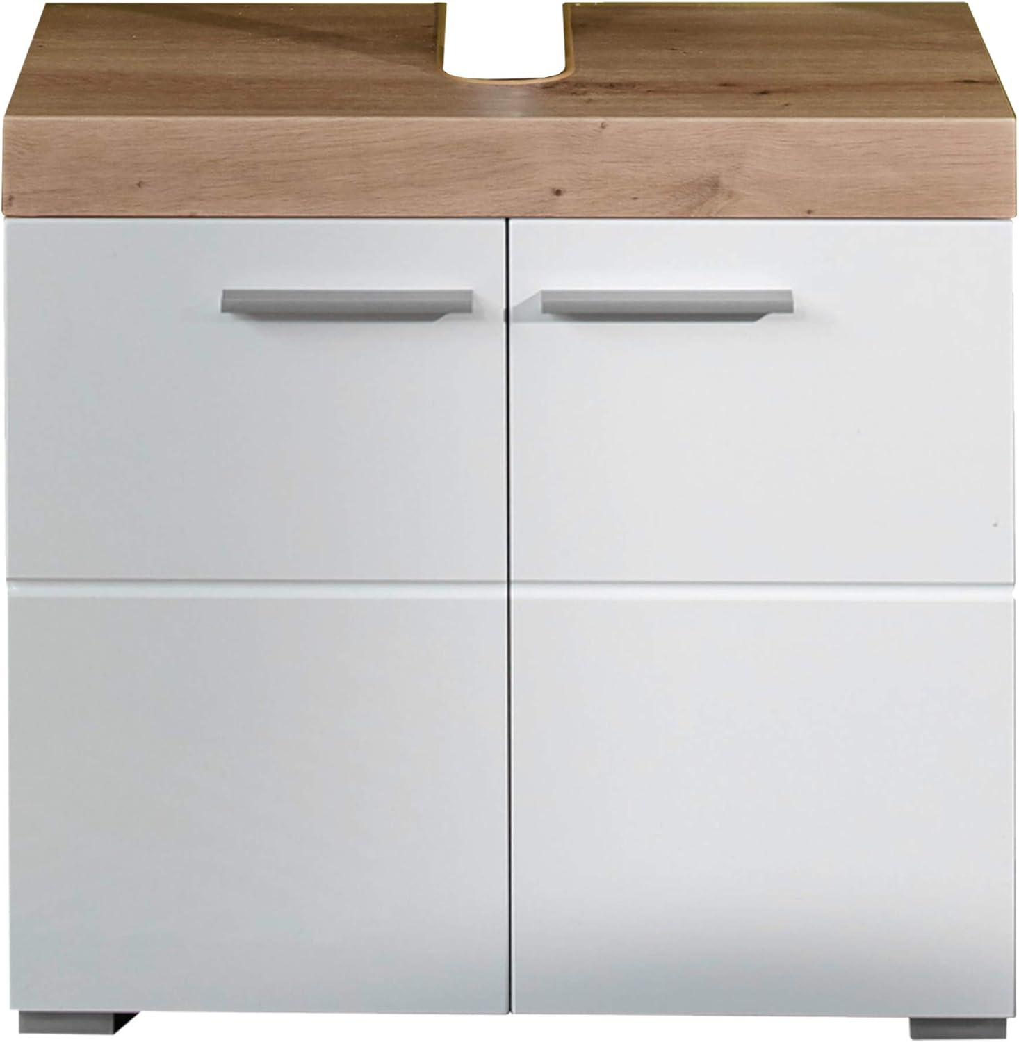 trendteam smart living „Amanda“ Waschbeckenunterschrank in Weiß/Weiß Hochglanz mit Asteiche-Optik, 60 x 56 x 34 cm