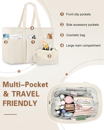 Detalle de LUROON Bolsa Tote Grande en Pana: Bandolera con Cremallera y Múltiples Bolsillos