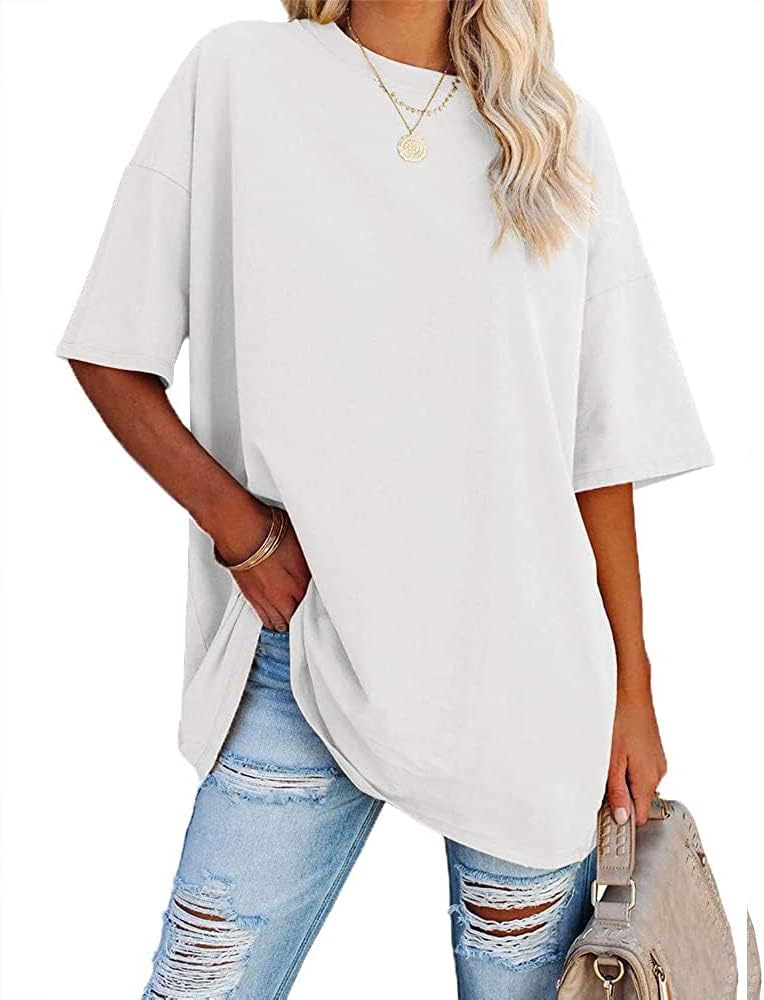 Detalle de Ebifin Damen Oversize Rundhals T-Shirt – lockeres Basic-Top für Sommer
