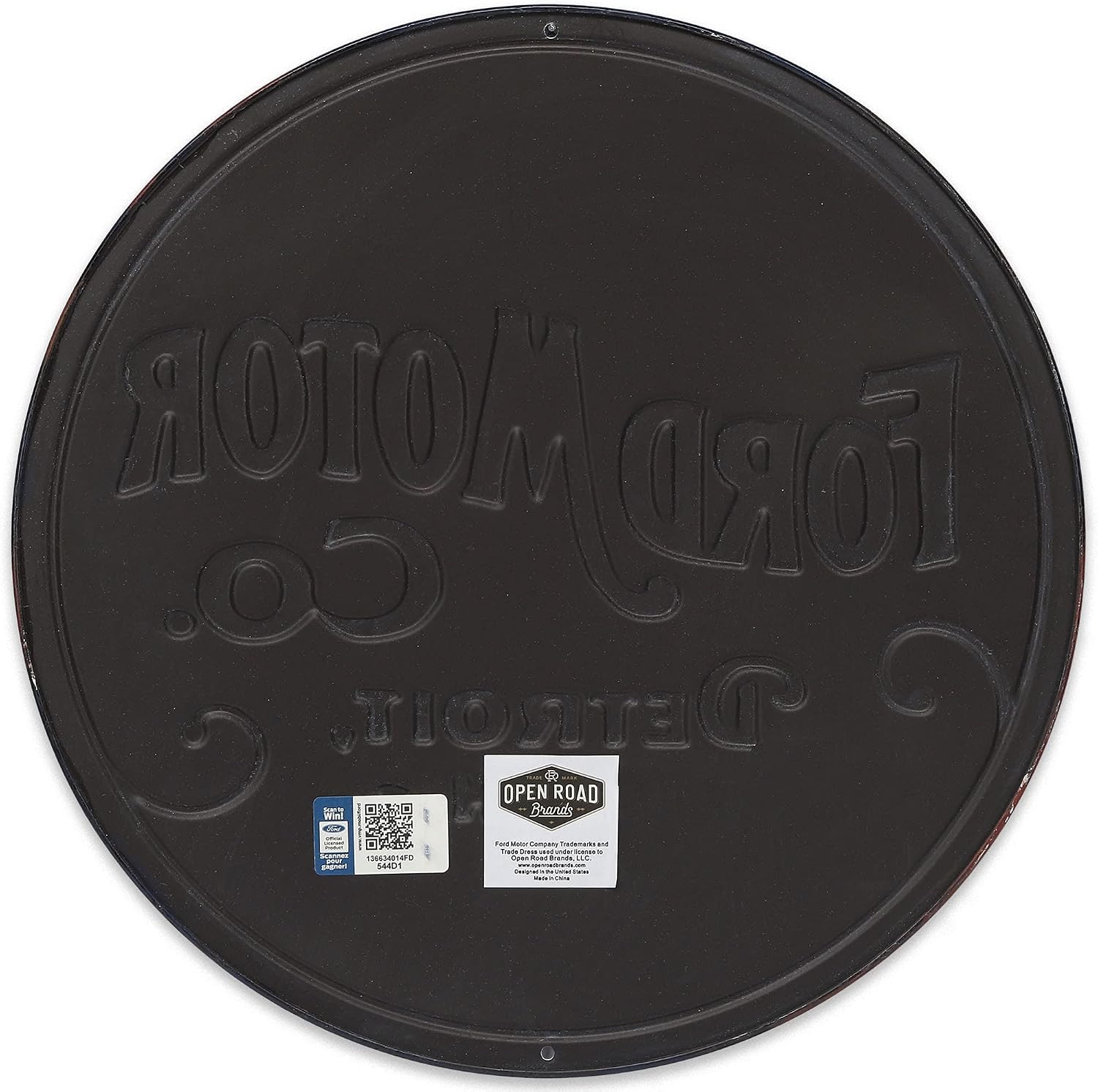 Detalle de Open Road Brands 90187898-S – okrągły metalowy znak Ford, granatowo-biały vintage