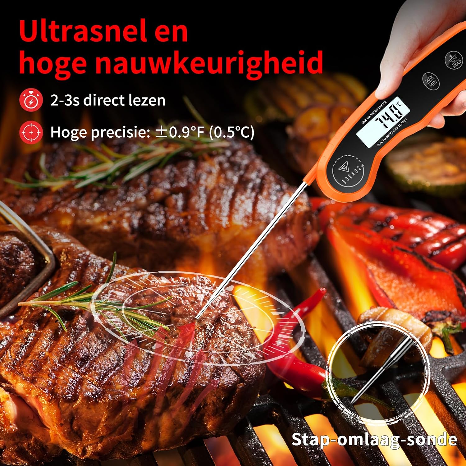 Detalle de DOQAUS CP7 Pro vleesthermometer met inklapbare sonde en lcd-achtergrondverlichting