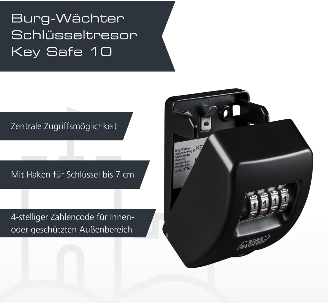 Thumbnail 2 de BURG-WÄCHTER Schlüsseltresor Key Safe 10 SB – 4-stelliger Code, Wandmontage, 85x61x39 mm, Schwarz