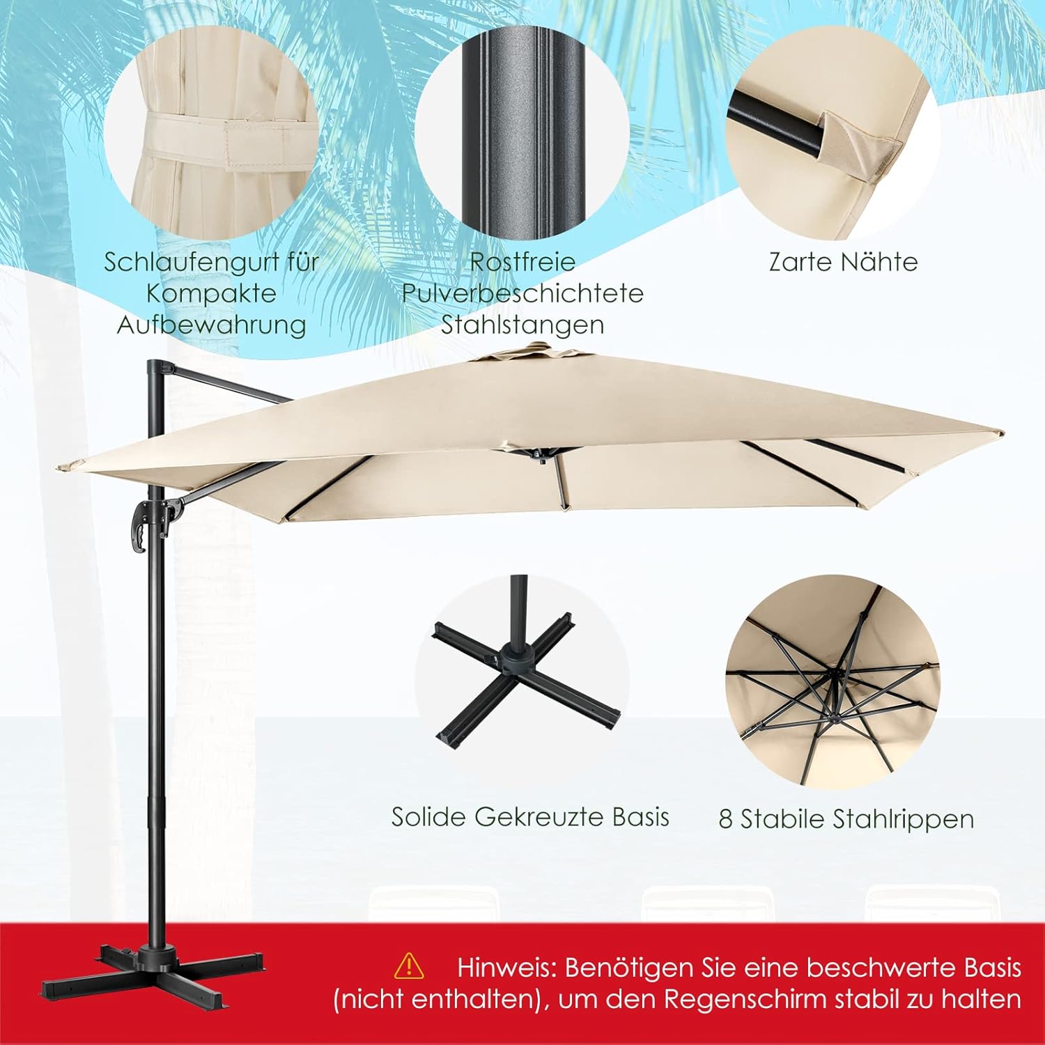 Thumbnail 6 de COSTWAY Sonnenschirm 300 × 300 cm quadratisch – Ampelschirm mit Kurbel, 360° Drehung, Neigbar, Beige