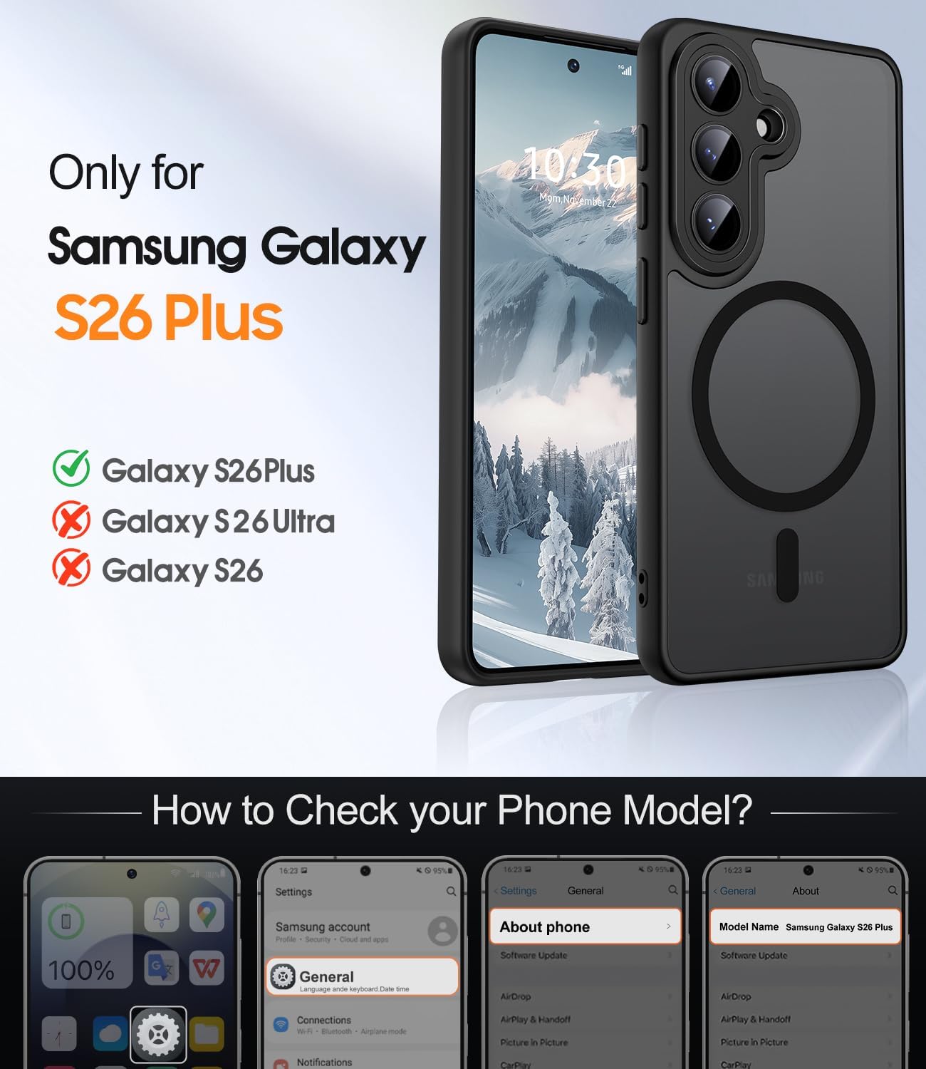 Detalle de JAME Magnetic Case for Samsung Galaxy S26+ Plus — Slim, Matte Translucent Black with Glass Lens Protector