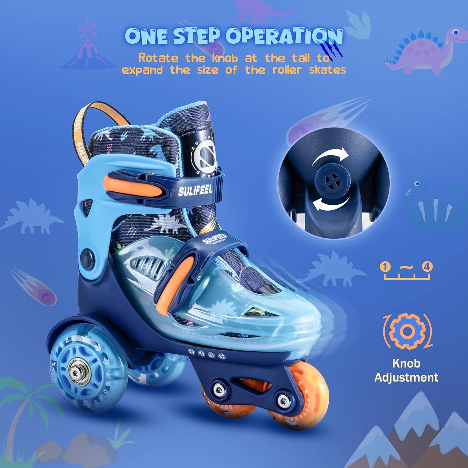 Detalle de SULIFEEL Adjustable Roller Skates for Kids – Three-Point Balance, Light-Up Wheels, Adjustable Fit