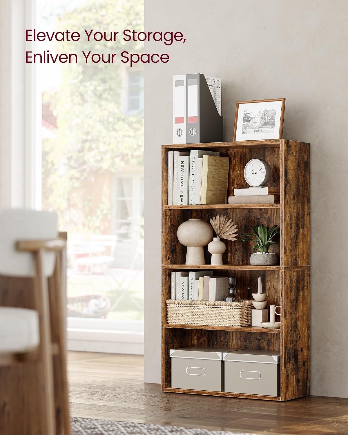 Detalle de VASAGLE LBC164X01 4-Tier Bookshelf with Adjustable Shelves and Open Compartments (Rustic Brown)