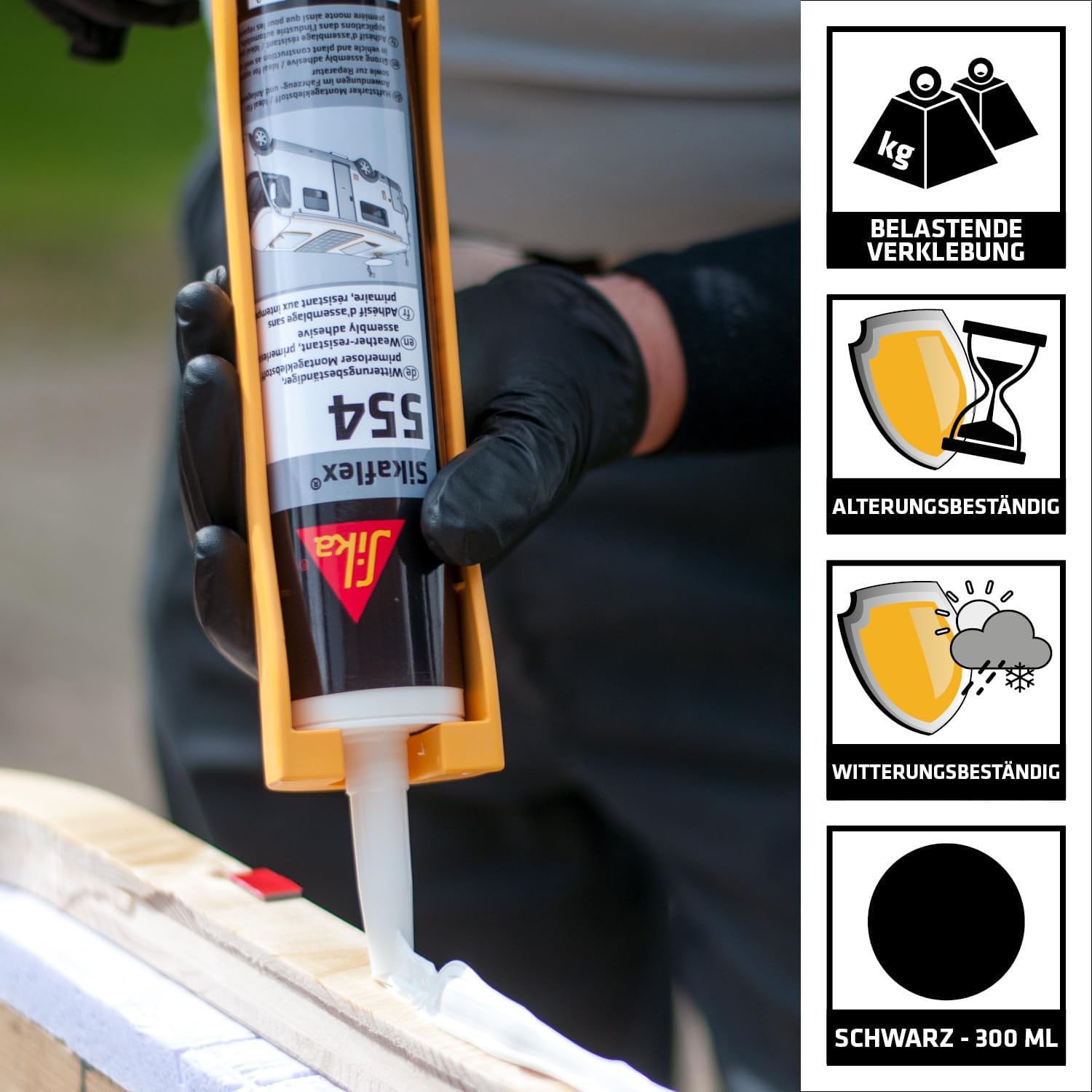 Detalle 2 de Sikaflex-554 Montageklebstoff Schwarz 300 ml – Vielseitiger Konstruktionsklebstoff von SIKA