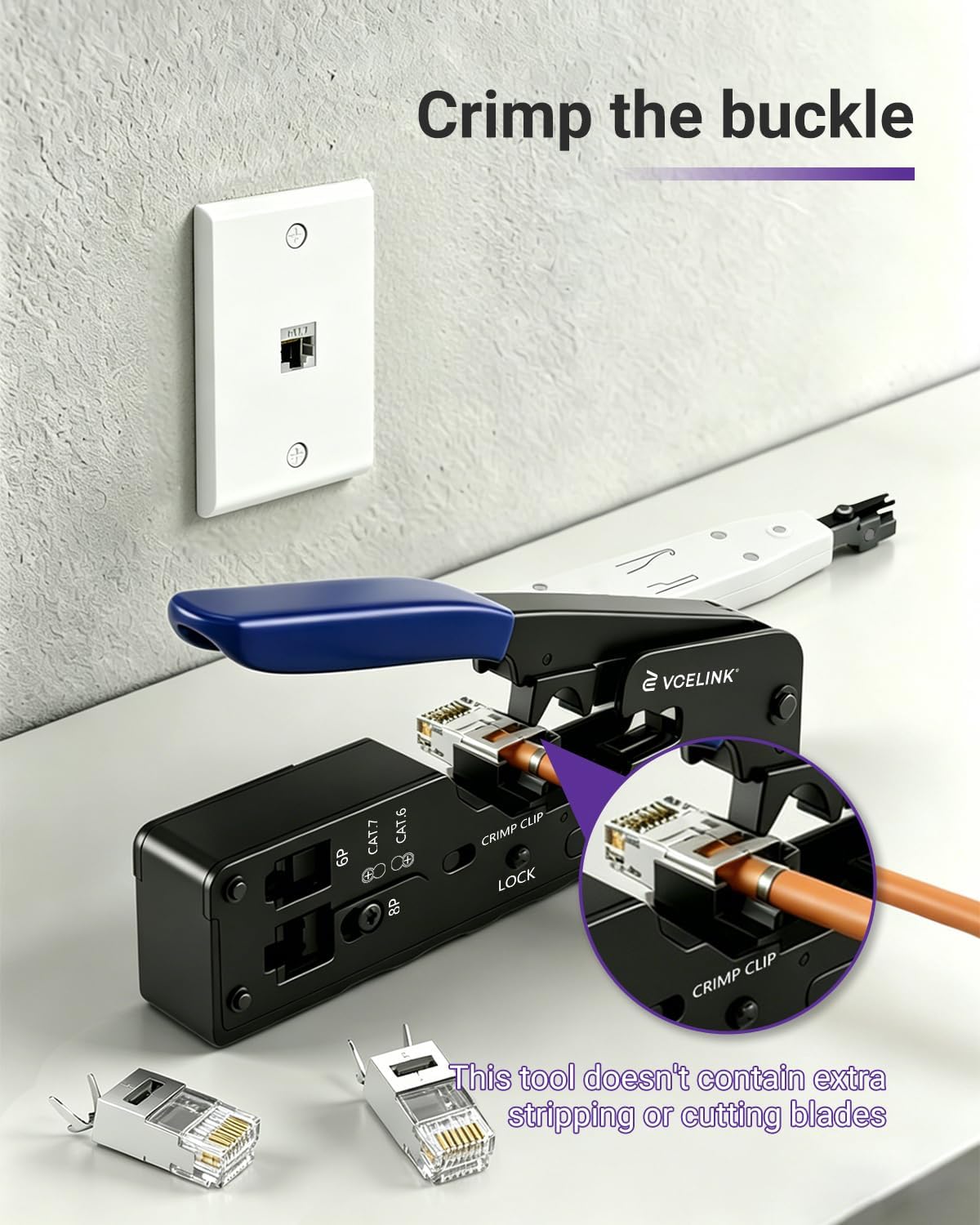 Detalle 2 de VCELINK Netzwerk Werkzeug Set: RJ45 Crimpzange mit Pass-Through Stecker, Netzwerktester & LSA Werkzeug