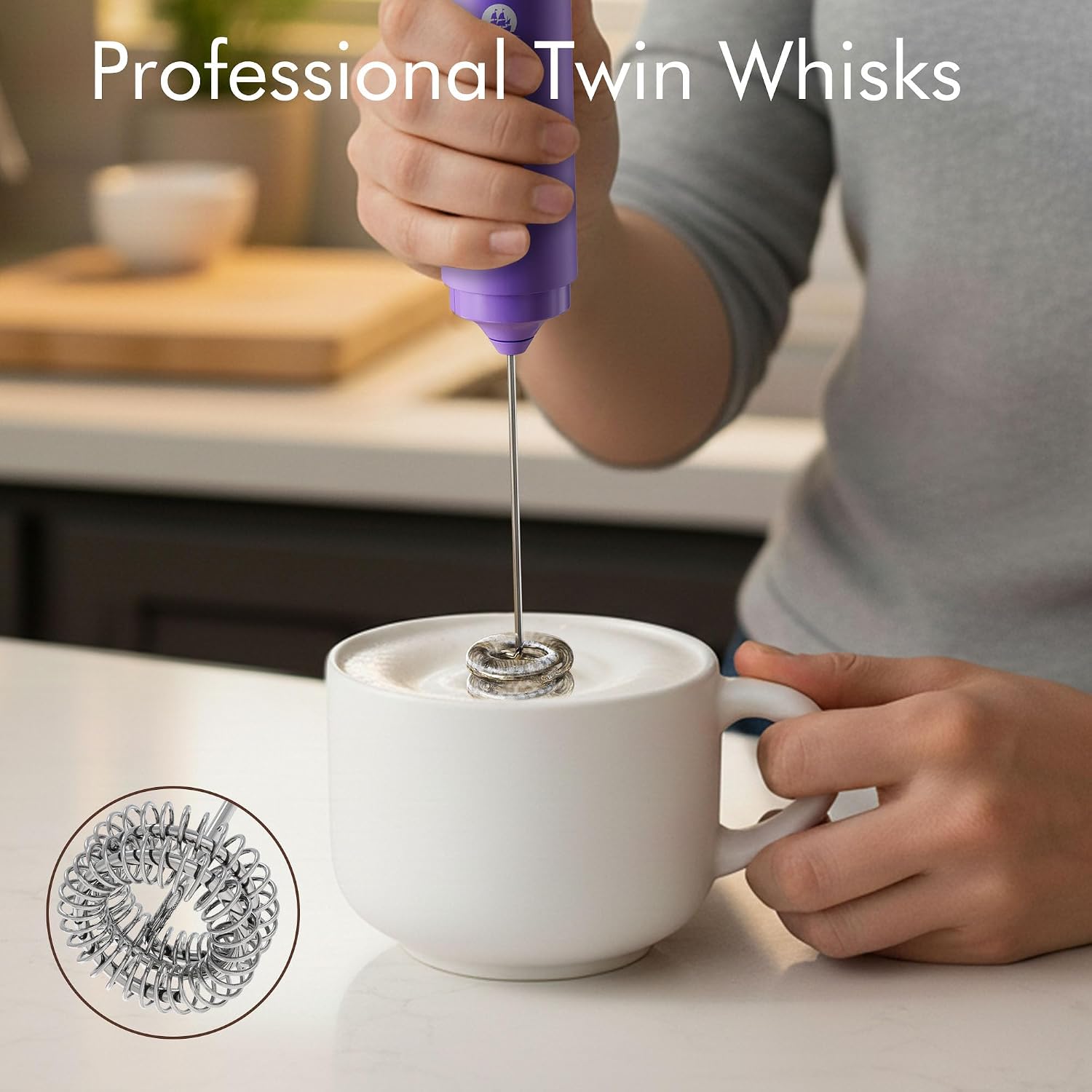 Detalle de New England Stories MF-LPURPLE-KCDDHZ Rechargeable Milk Frother with Dual-Spring Whisk