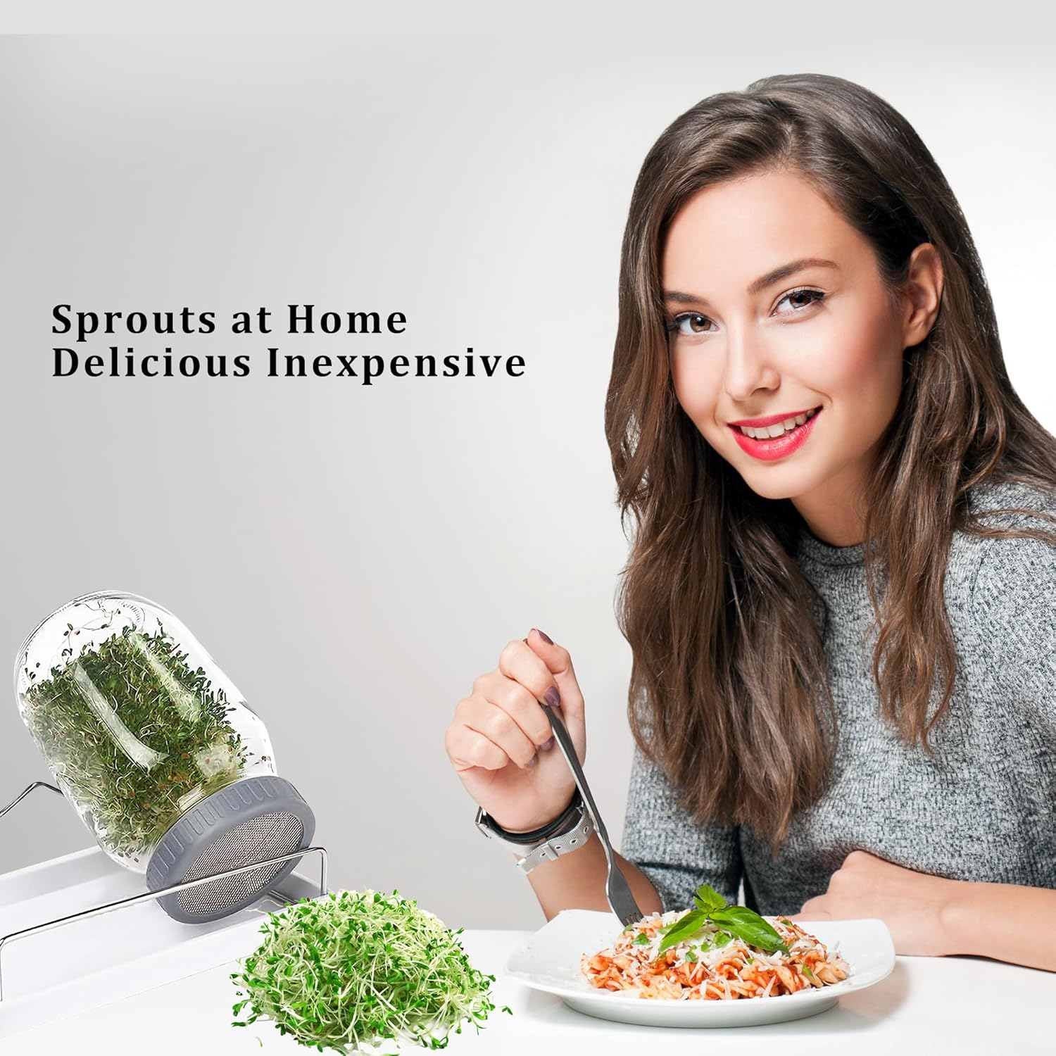 Detalle de Kitmiido Sprouting Kit Mason Jar Sprouter, 2 Wide-Mouth Jars, Stand and Tray