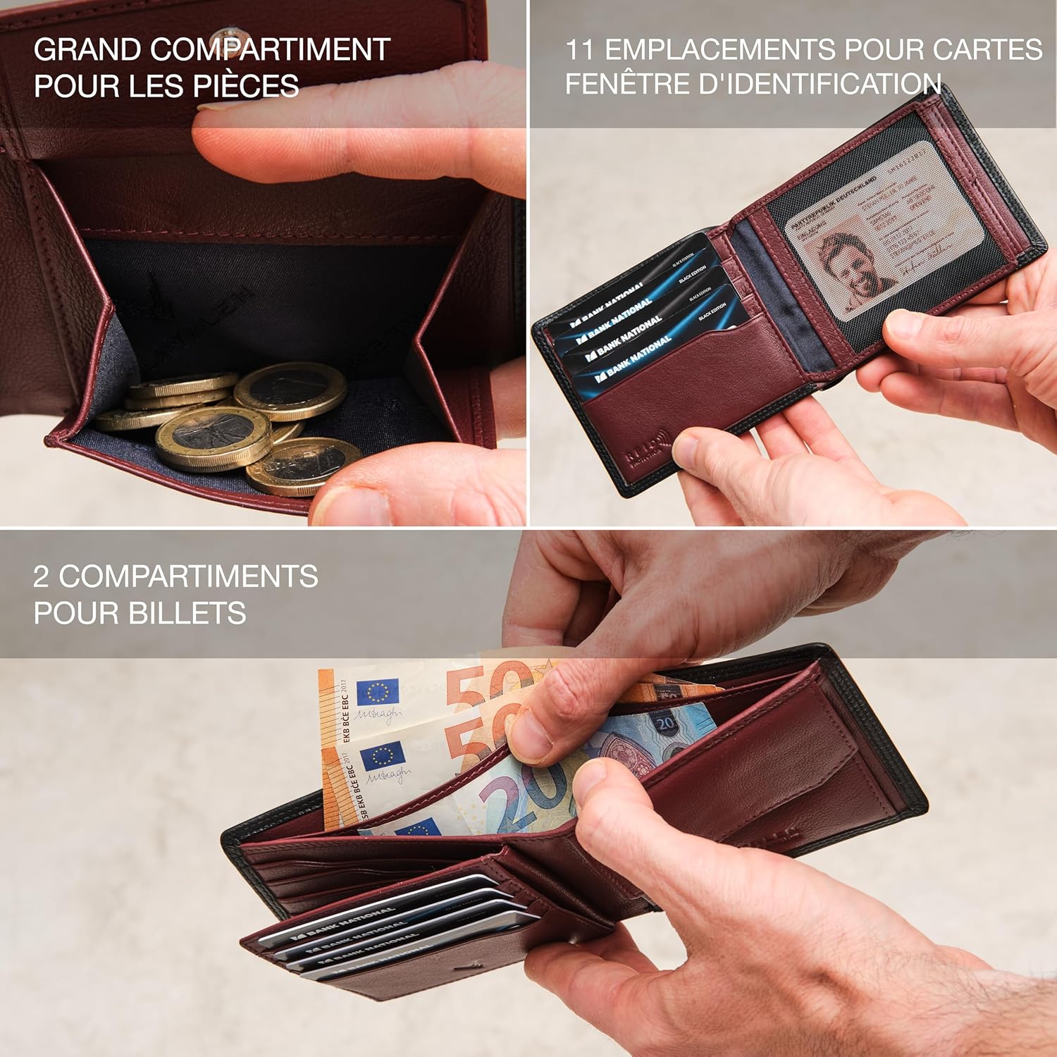 Detalle de Lavalen Portefeuille Homme Cuir Véritable – Portefeuille RFID, Grand Capacité, Noir Bordeaux