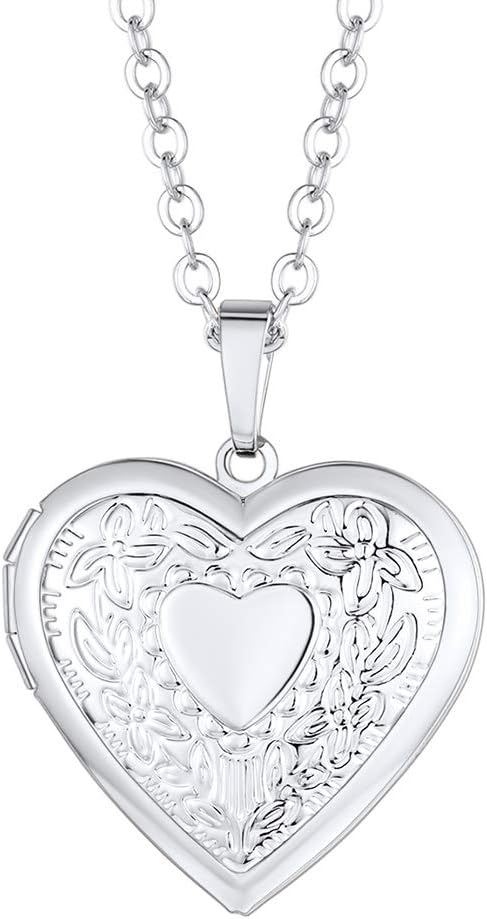Detalle de PROSTEEL collana con medaglione portafoto cuore fiore in acciaio inox 316L, catena regolabile (argento) – confezione regalo
