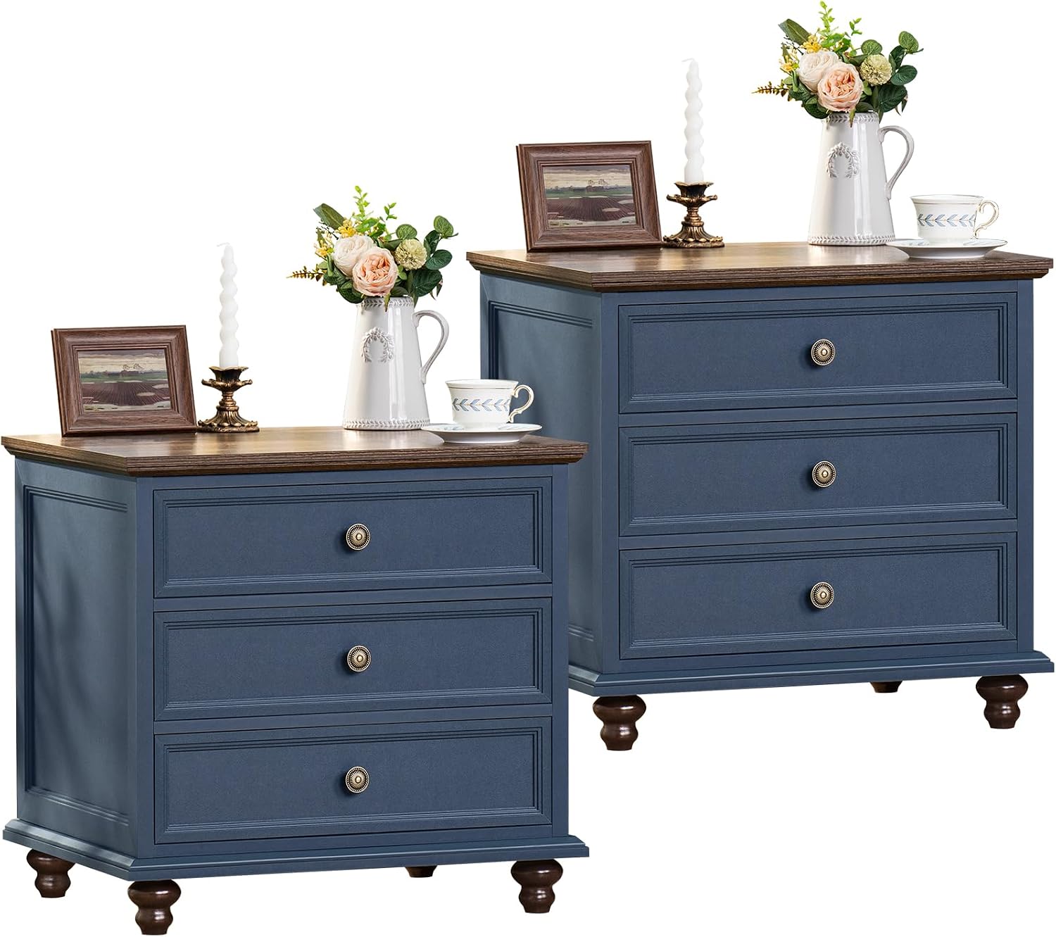 Detalle de Joaxswe Model 1 Farmhouse Nightstand Set of 2, Navy Blue, 3 Drawers