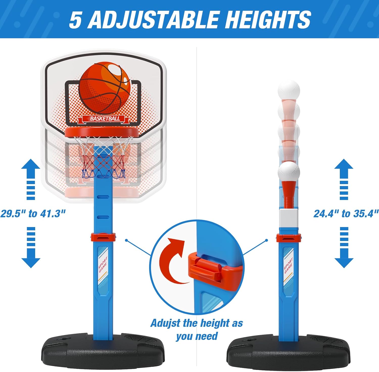 Detalle de HYES 2 in 1 Kids Basketball Hoop and T Ball Set, Adjustable