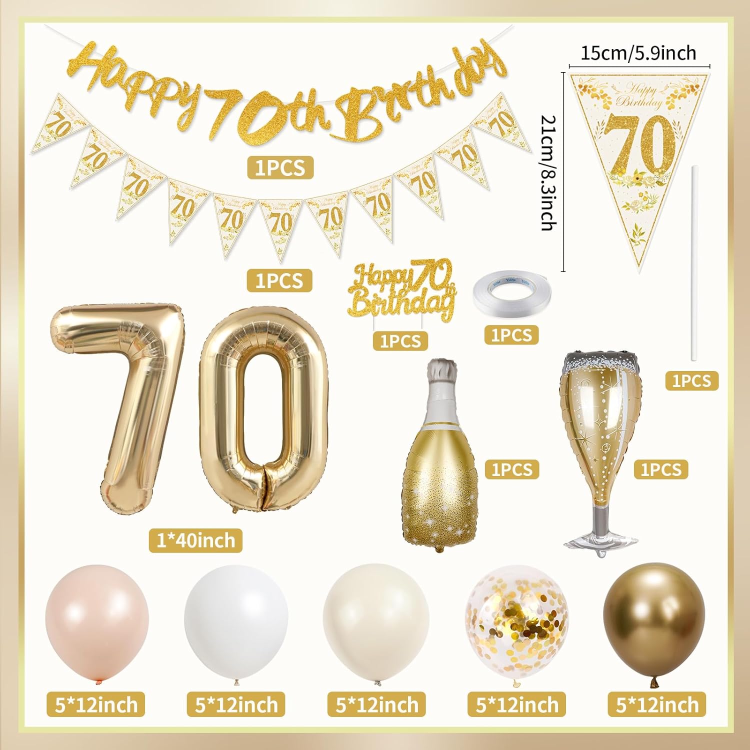 Thumbnail 1 de 70th Birthday Decorations Kit with “Happy 70th Birthday” Banner, 70 Foil Number Balloon & Confetti Balloons