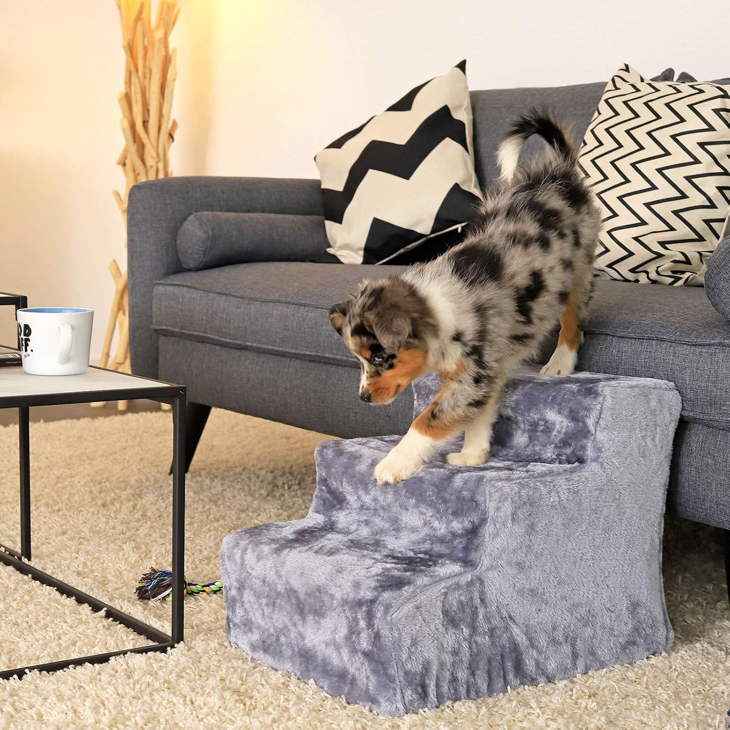 Detalle de lionto Escalier pour Animaux avec Housse en Peluche – 46x36x34 cm, cap. 50 kg, gris clair
