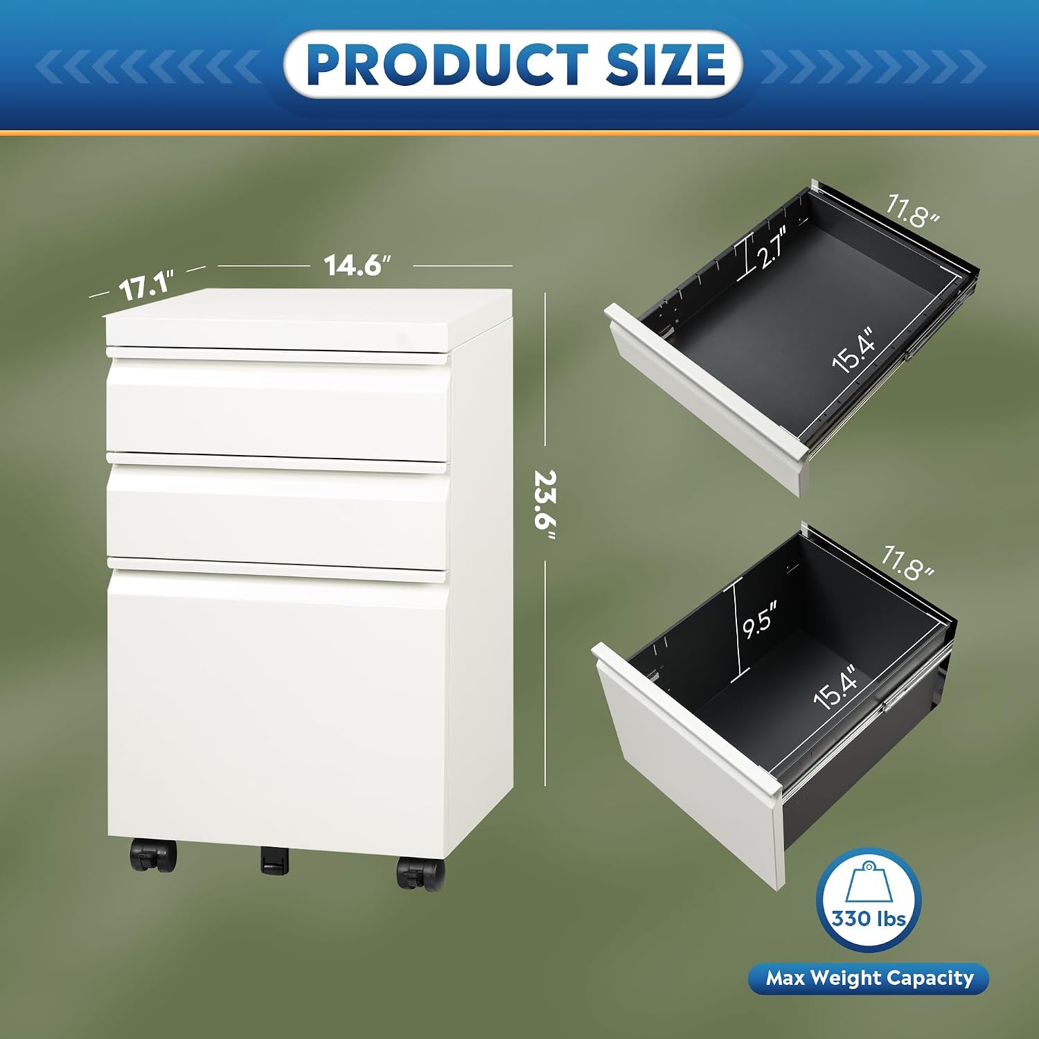 Detalle de DEVAISE AHDG025WH 3-Drawer Mobile File Cabinet, White, Locking, Under-Desk