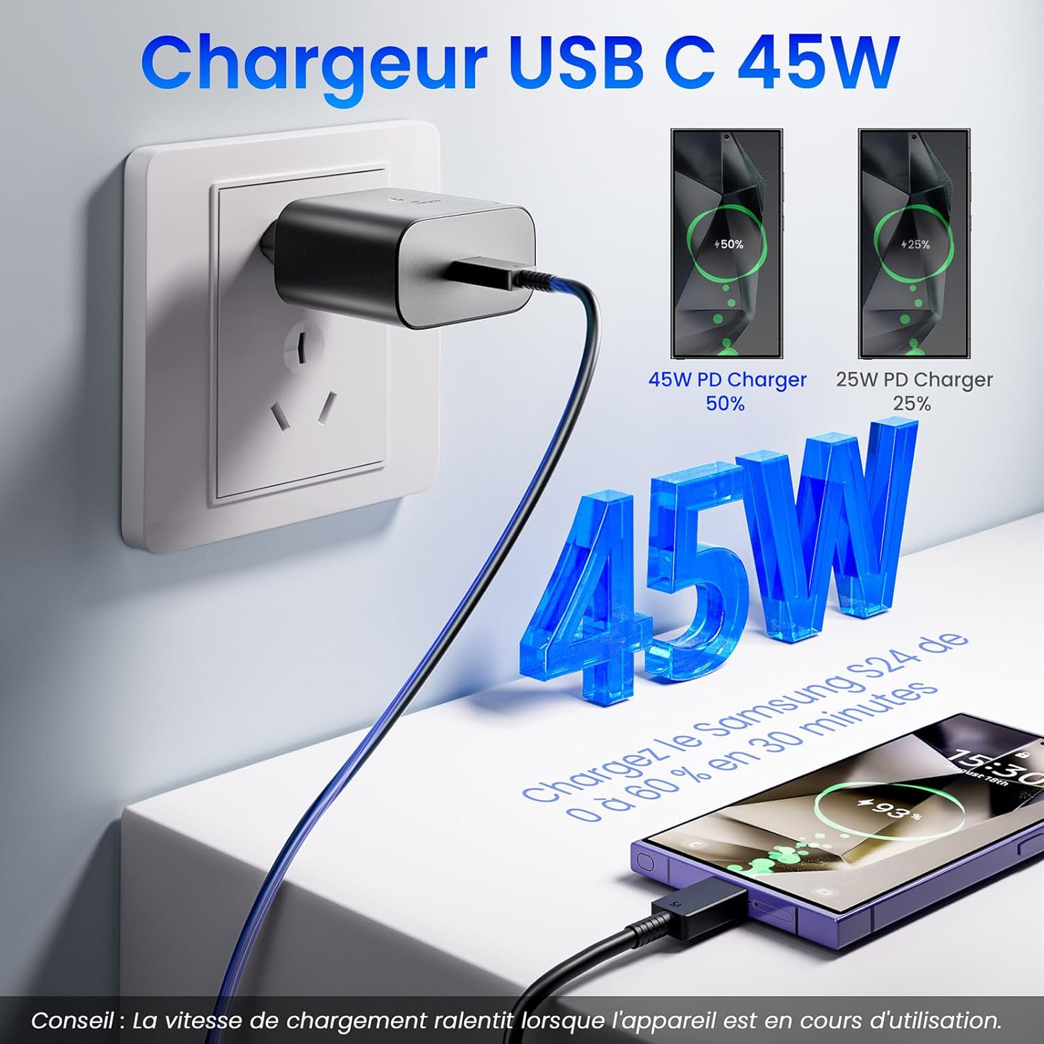 Thumbnail 1 de Chargeur USB-C 45W AGEEMY avec câble 1,5 m (compatibilité Samsung Galaxy S/Note, USB-C) – charge rapide secteur