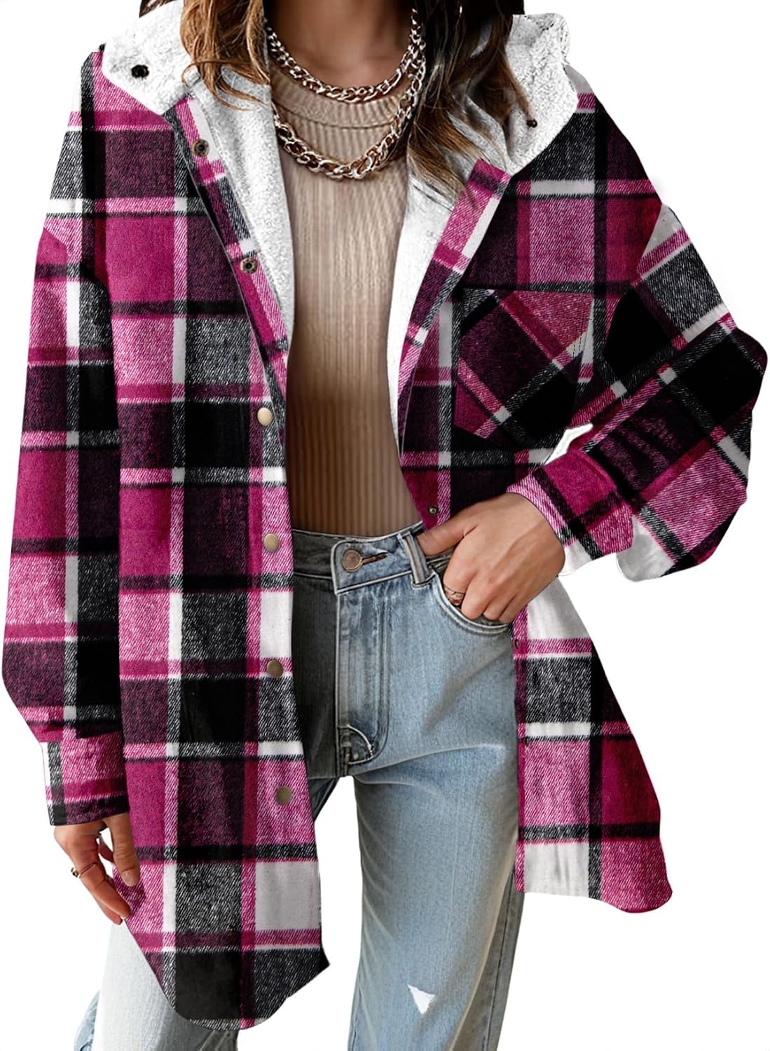 Detalle 2 de Dokotoo 2025 Flannel Hooded Plaid Shacket — Fleece Jacket