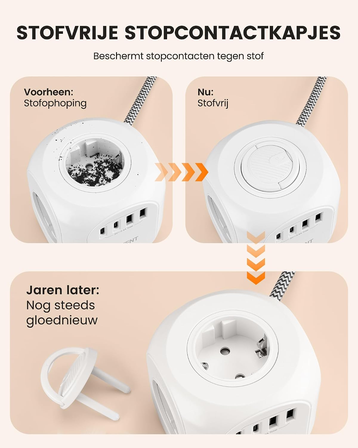 Detalle de LENCENT SL-805E-F stekkerdoos met platte stekker, 4 stopcontacten en USB