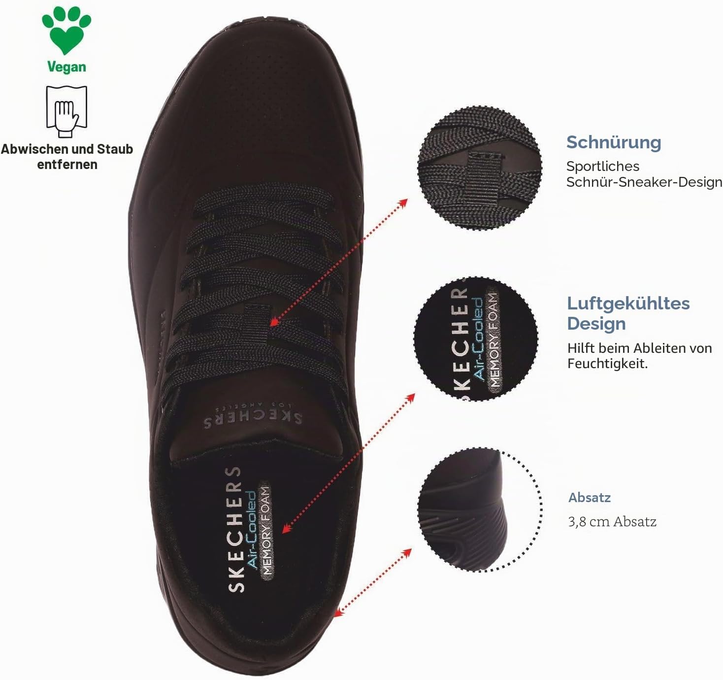Detalle de Skechers Herren Uno Stand On Air Turnschuhe – Schwarz Durabuck/Trim, Größe 43 EU