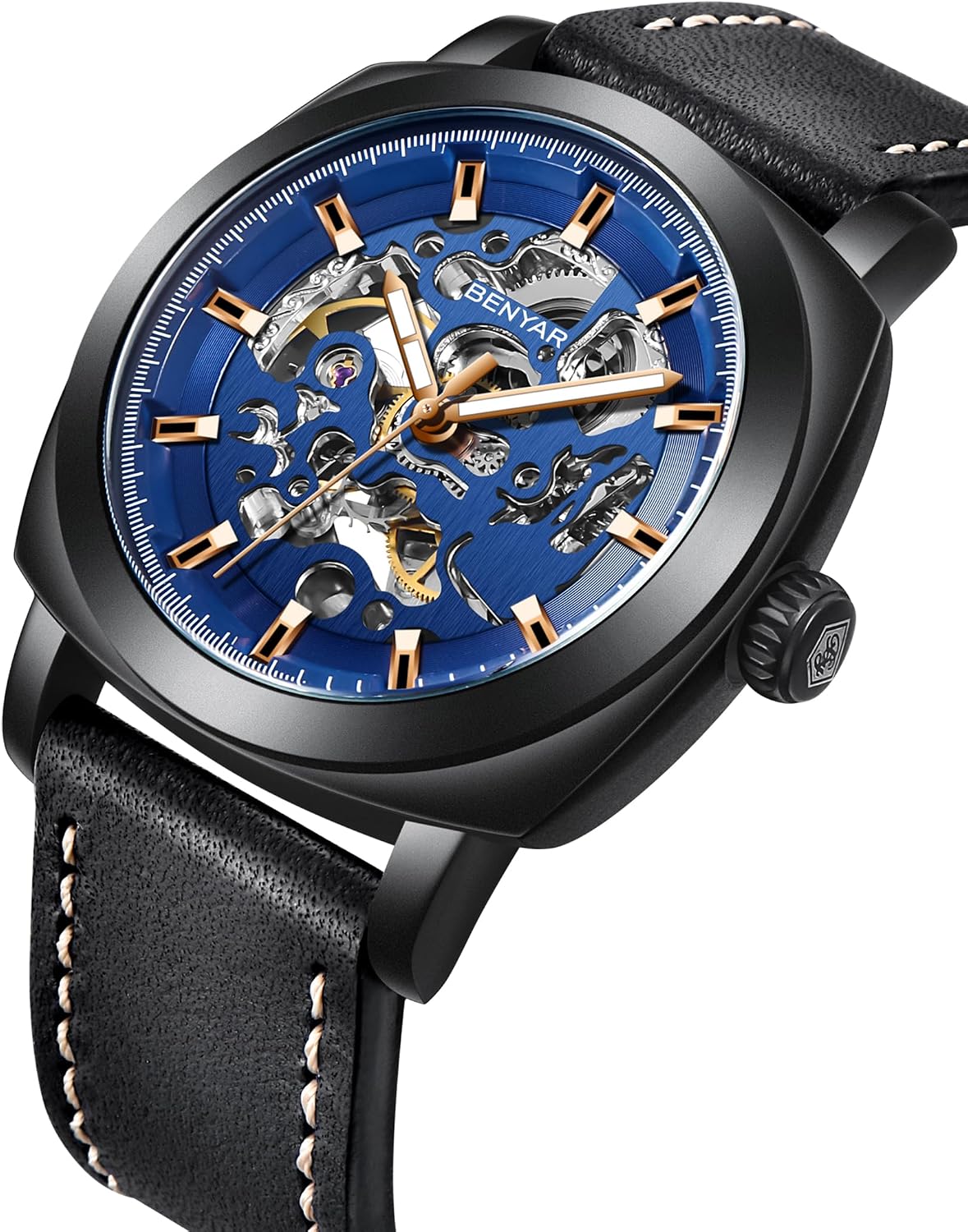 Detalle de BENYAR Herren Automatik Uhr mit Skelettzifferblatt – 45 mm, Lederarmband