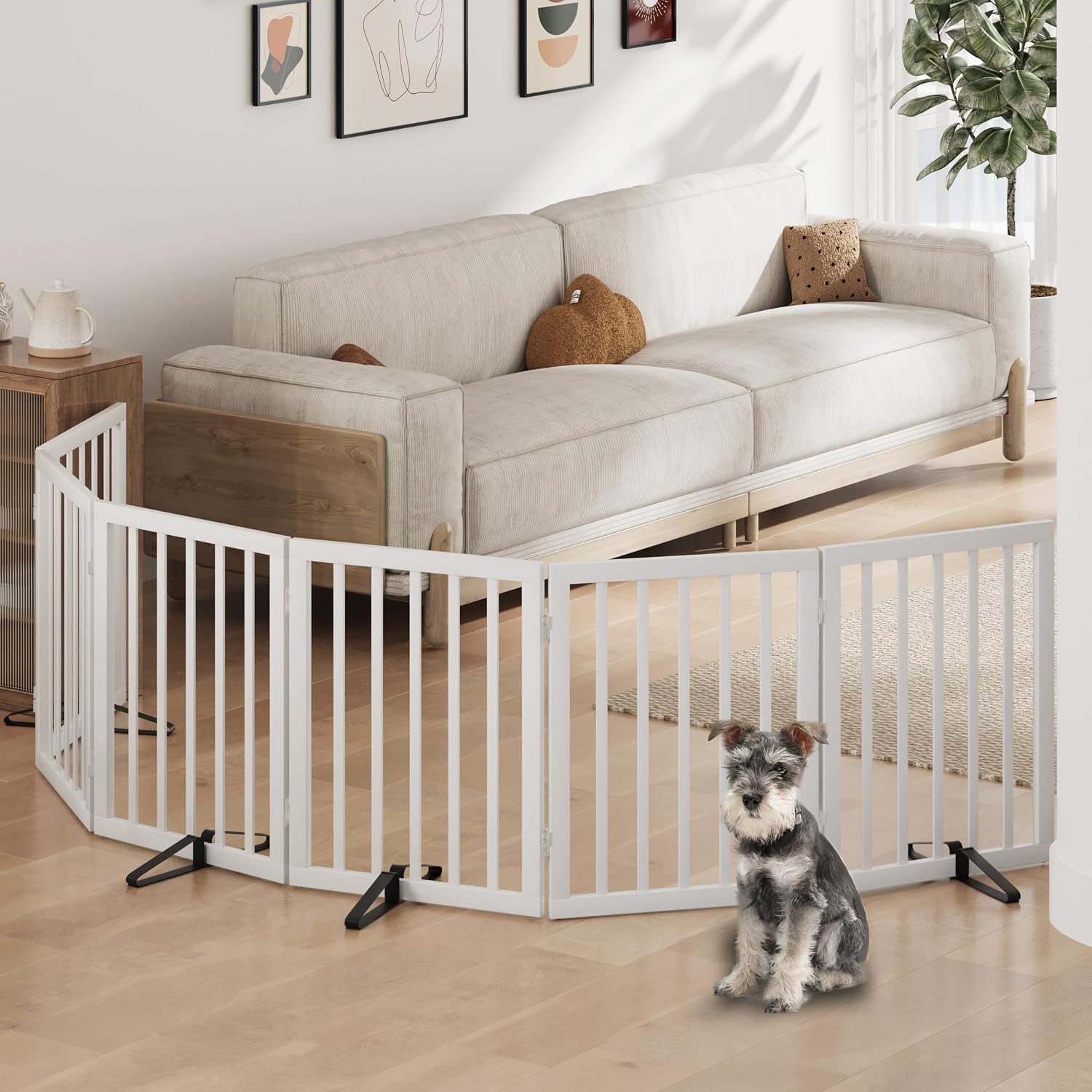 Detalle de Foldable Dog Gate Indoor (6 Panels) for Doorways with Metal Support Feet, White