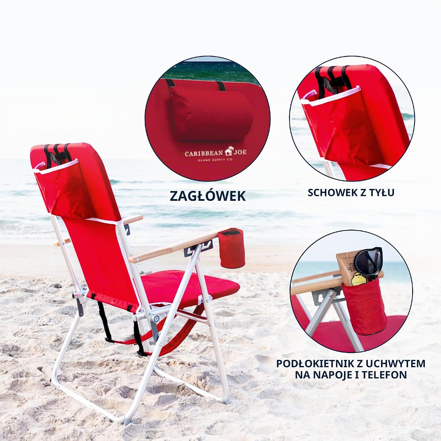Detalle de Caribbean Joe składany fotel plażowy 4-pozycyjny z zagłówkiem i paskami