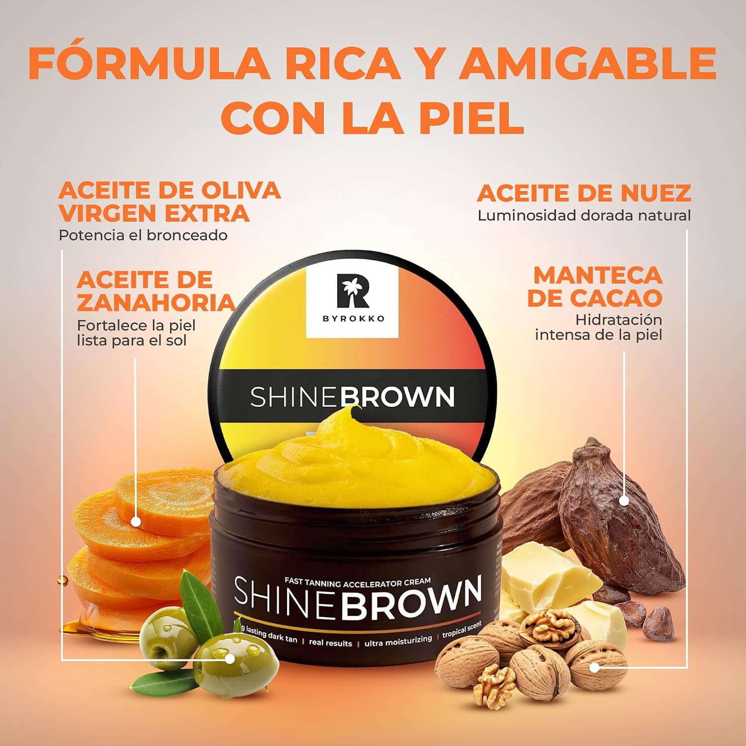 Detalle de Byrokko SHINE BROWN Tan up! – Crema bronceadora premium de 190 ml, con ingredientes 100% naturales