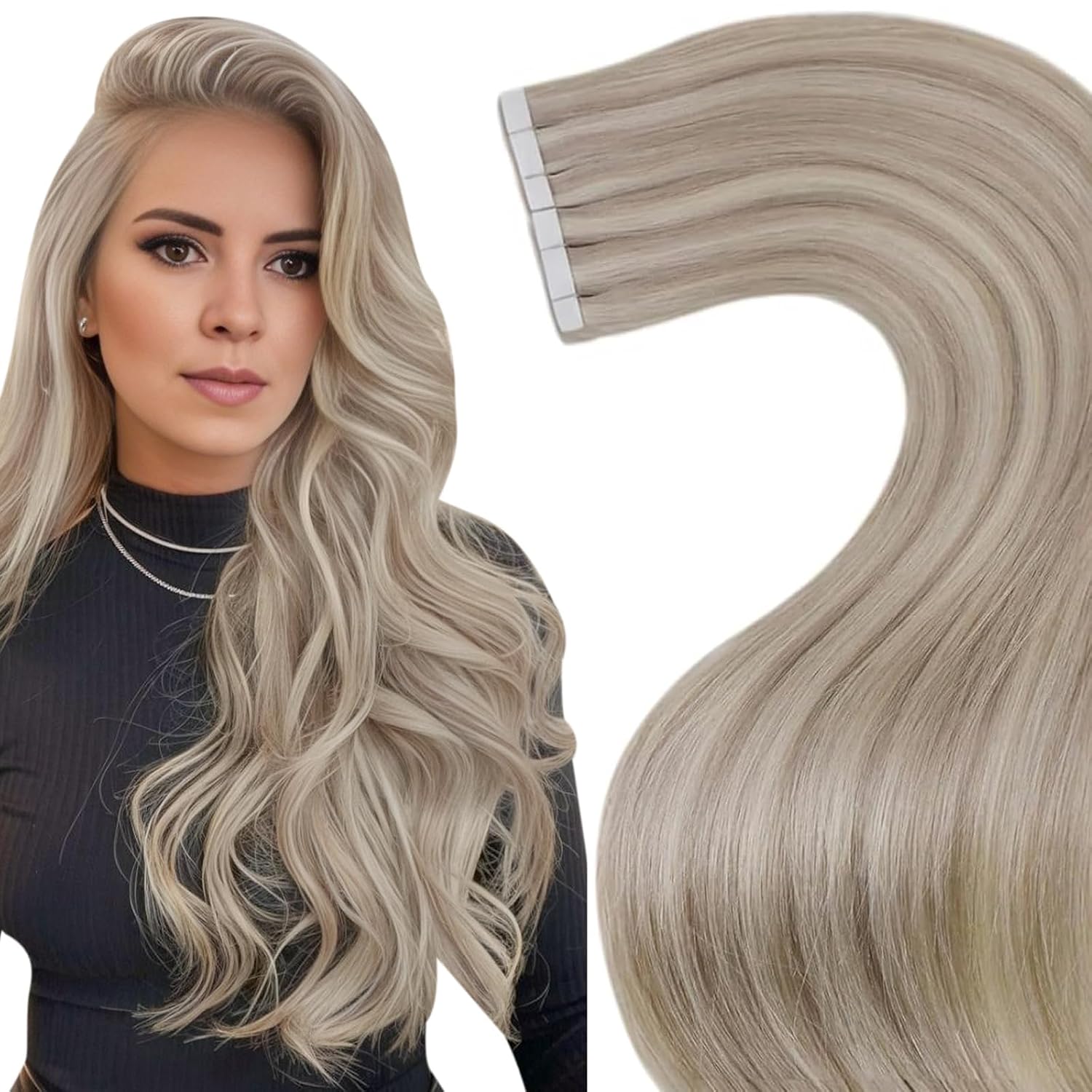 Detalle de LaaVoo Tape Extensions Echthaar Ashblond Remy Tape in Blond Highlights #18/613 (20 Strähnen, 30 cm)