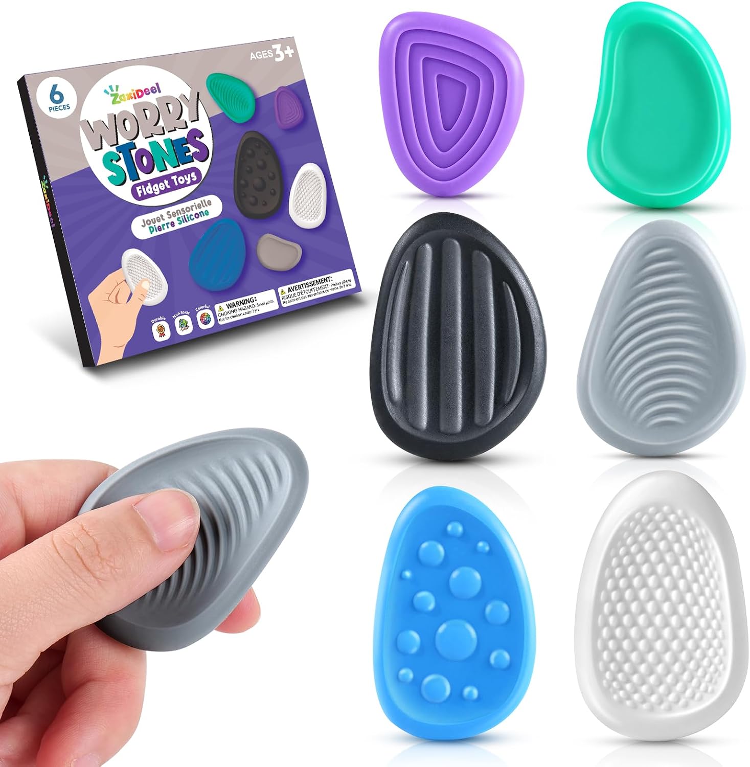 Detalle de ZaxiDeel 6-Pack Textured Silicone Sensory Stones for Quiet Fidgeting