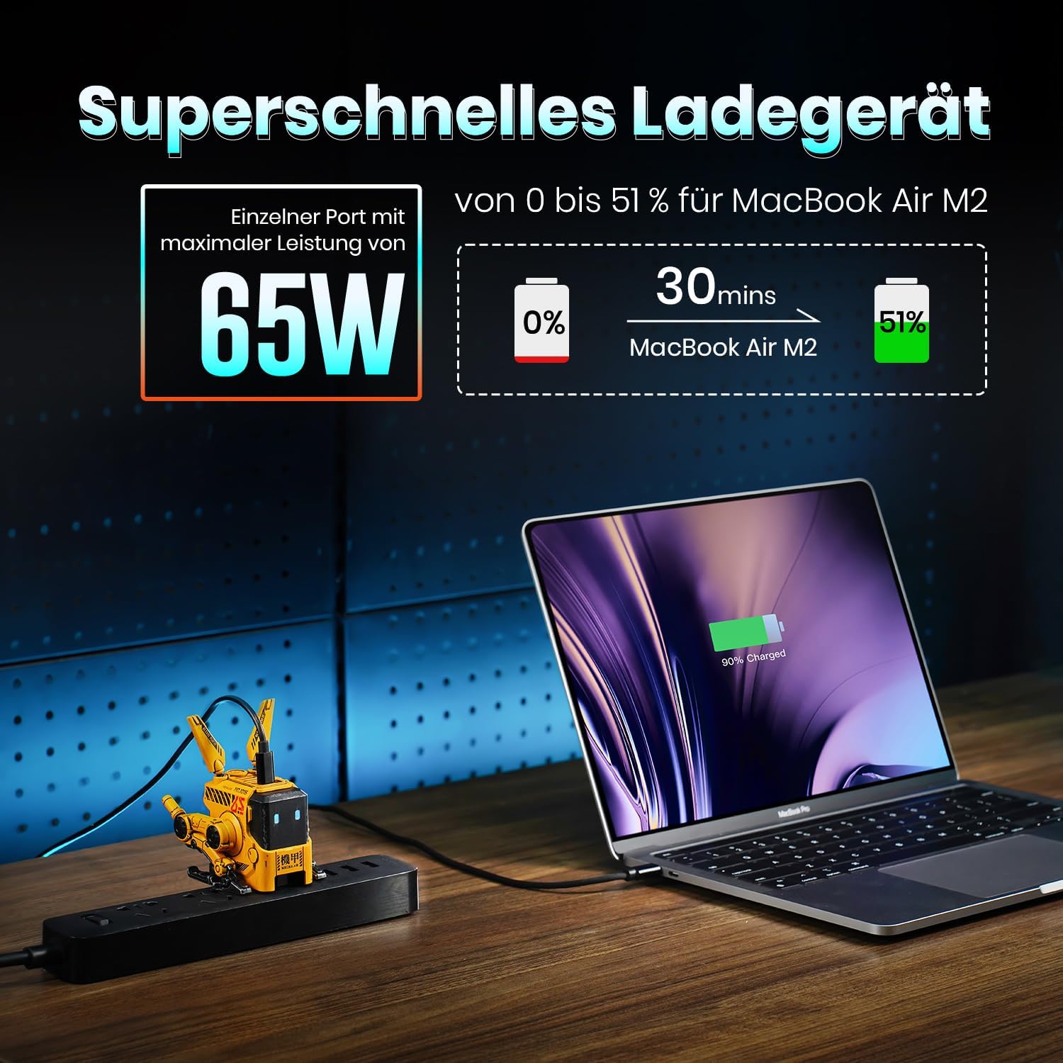 Detalle de GravaStar Alpha65 GaN USB-C Ladegerät 65W – futuristisches Mecha-Design, 3 Ports