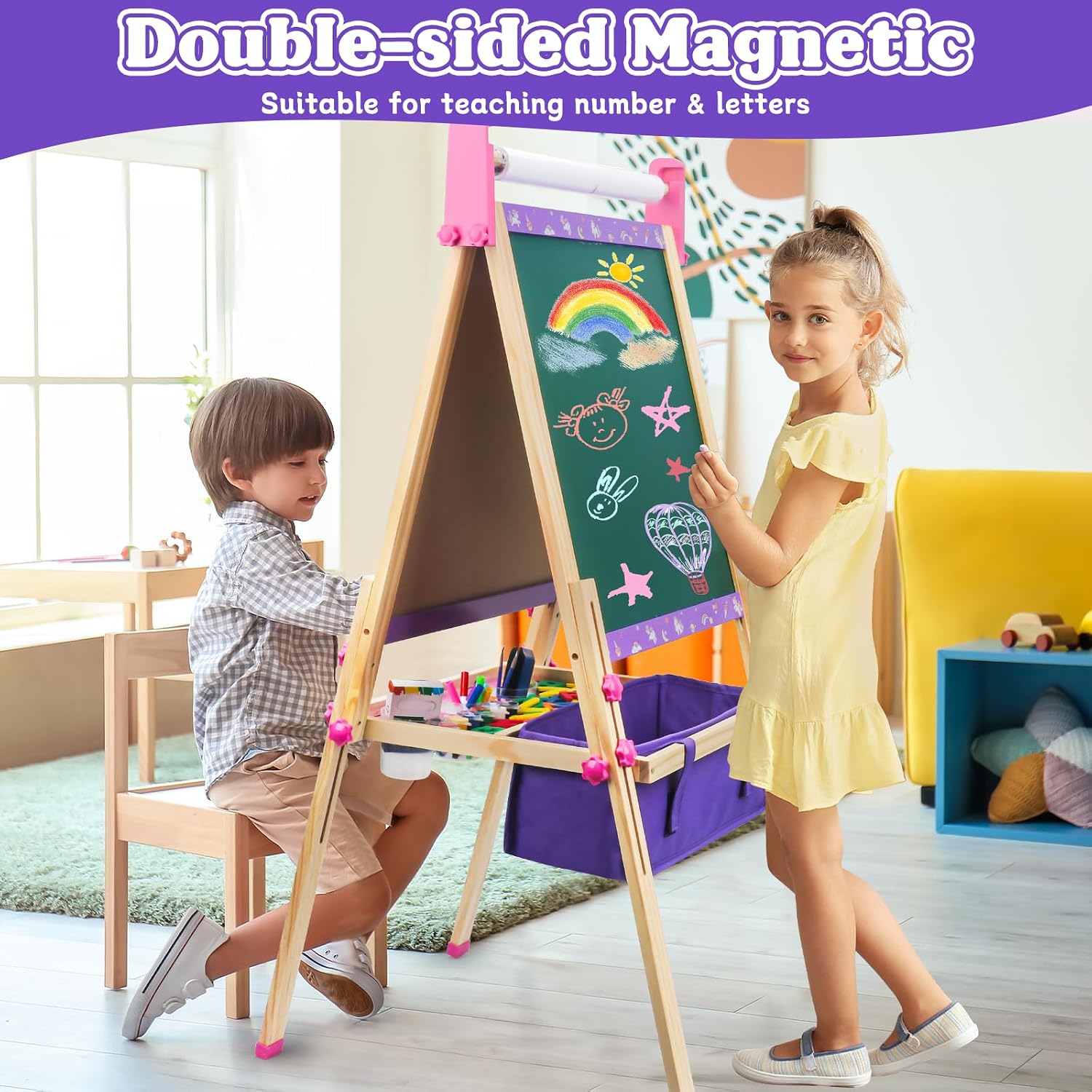 Thumbnail 5 de Kids Art Easel for Ages 4–8 with Paper Roll, Markers, Paint, Chalk & Magnetic Accessories