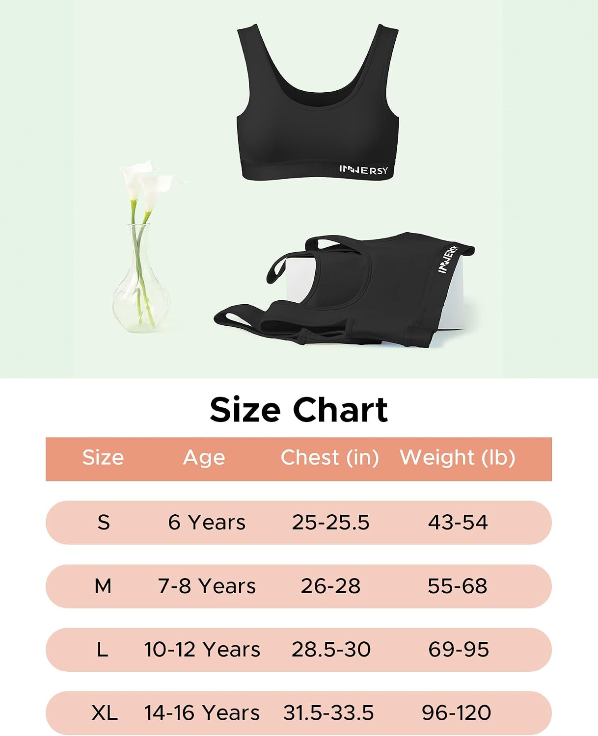 Detalle 2 de INNERSY Girls Sports Bra Cotton Crop Tops (3 Pack) — Non-Padded Training Bras for Ages 6–16